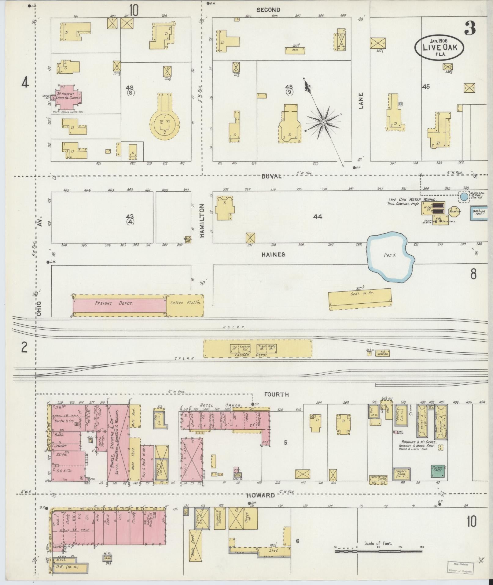 Sanborn Fire Insurance Map from Live Oak, Suwanee County, Florida (1906), Sheet #0003 - Historic Sanborn Fire Insurance Map Print, vintage old map wall art, antique decor, genealogy gift, Florida Florida map