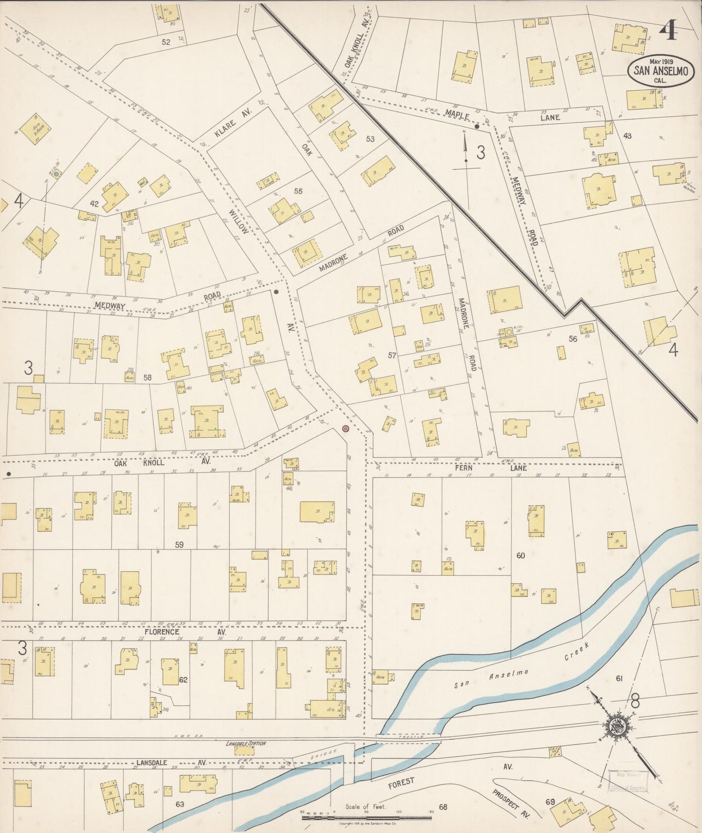 Sanborn Fire Insurance Map from San Anselmo, Marin County, California (1919), Sheet #0004 - Complete Map Set gallery image, historic Sanborn map, vintage wall art, California California