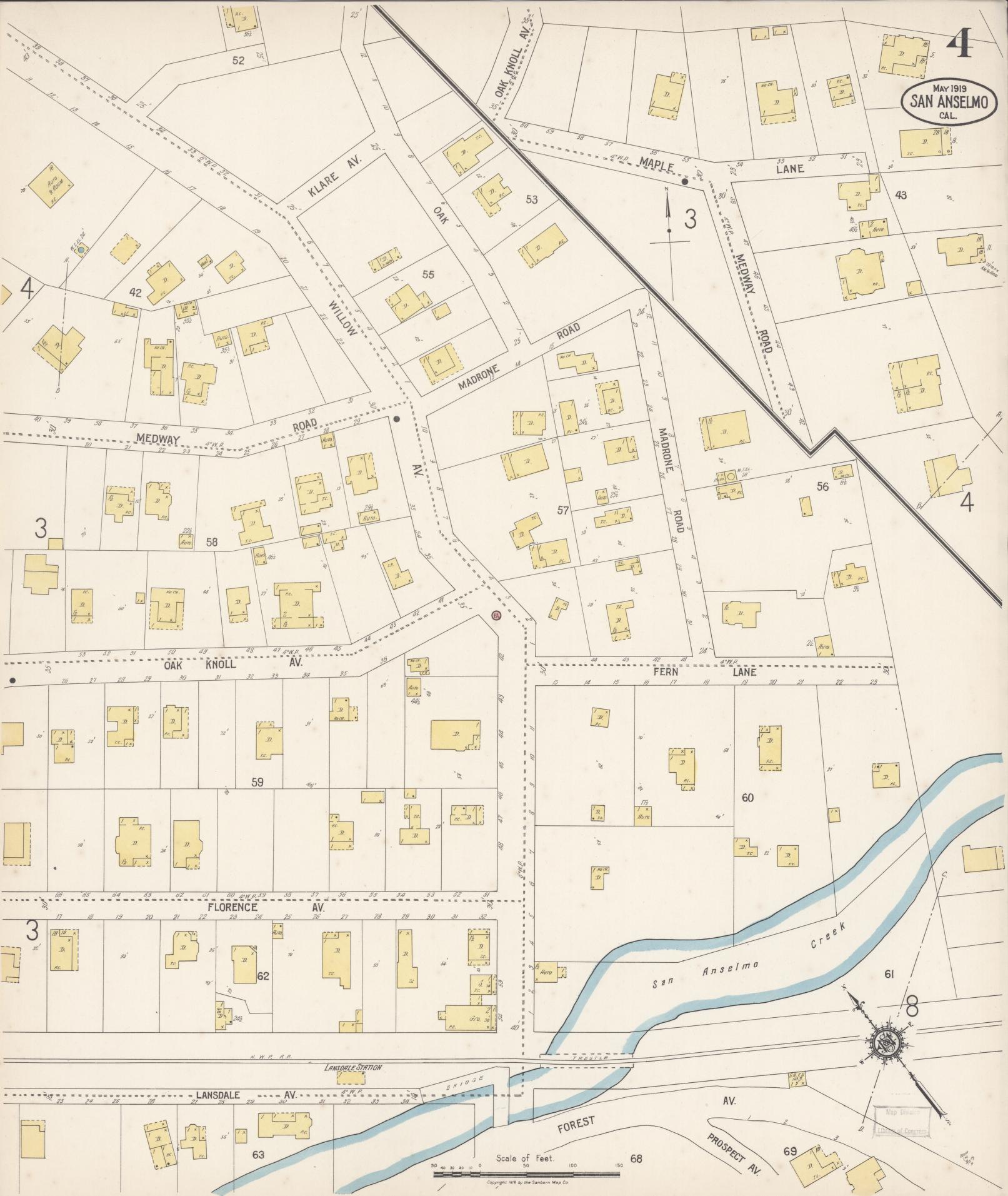 Sanborn Fire Insurance Map from San Anselmo, Marin County, California (1919), Sheet #0004 - Complete Map Set gallery image, historic Sanborn map, vintage wall art, California California