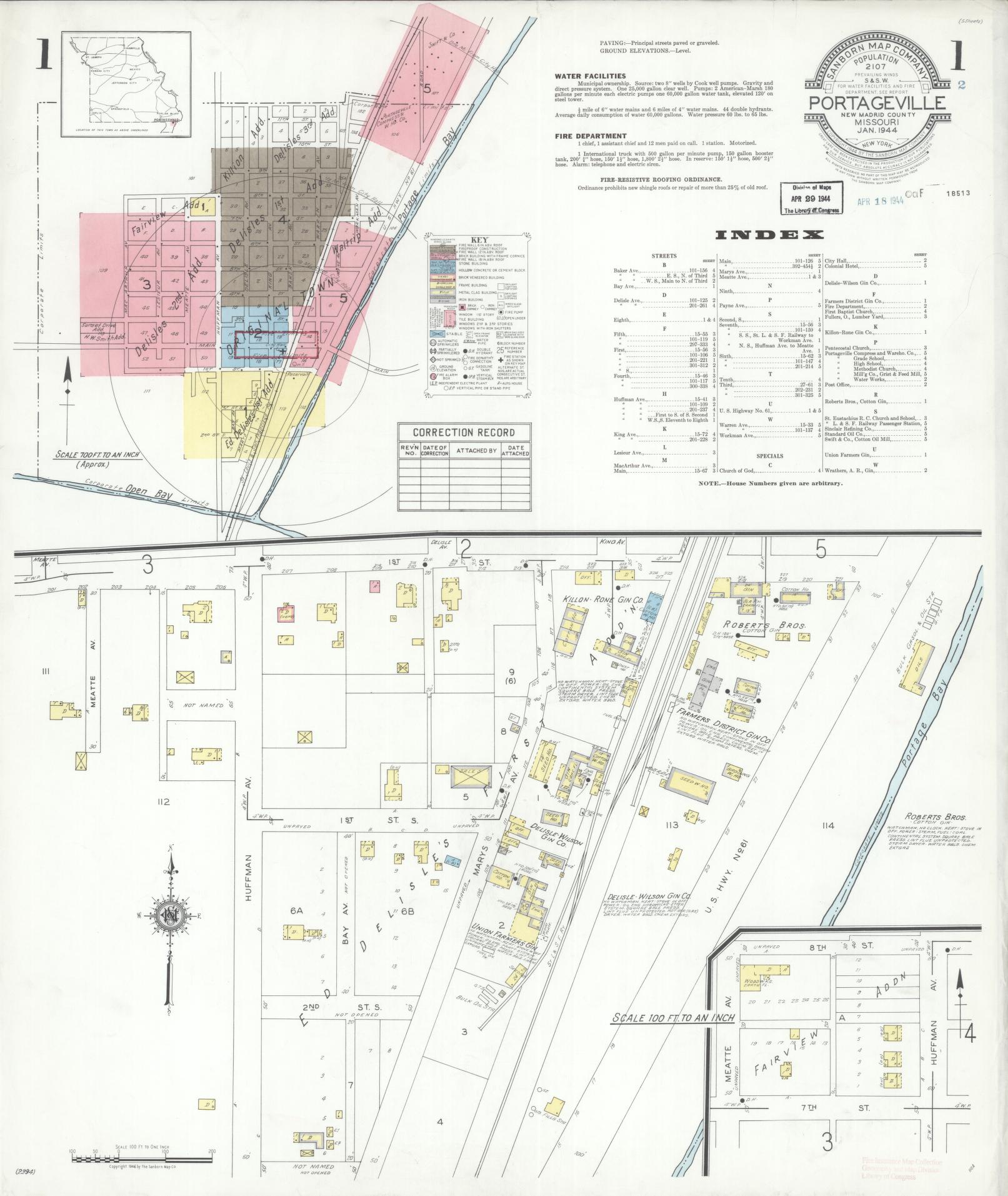 Sanborn Fire Insurance Map from Portageville, New Madrid County, Missouri. (1944) – Historic Sanborn Fire Insurance Map Print