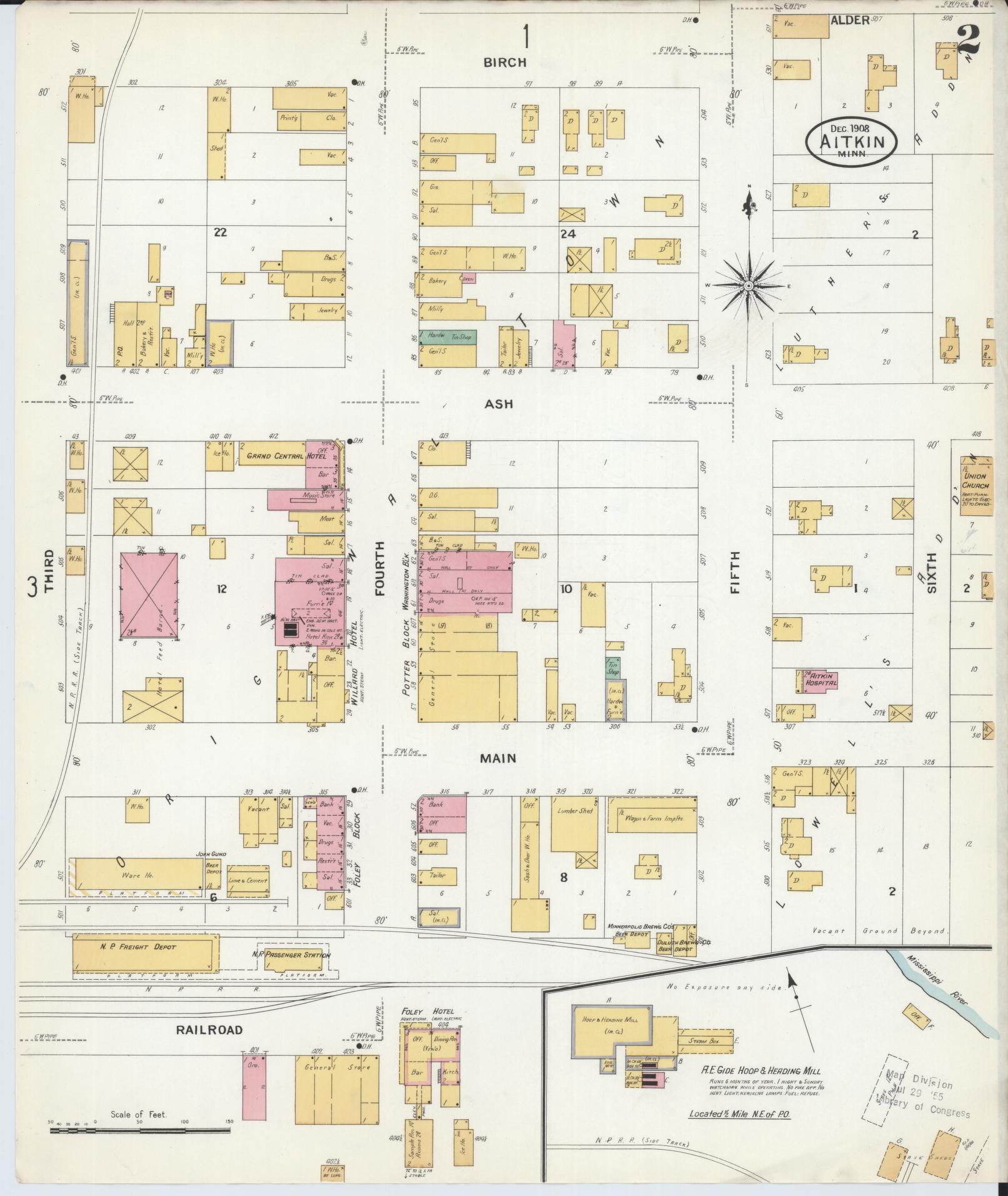 Sanborn Fire Insurance Map from Aitkin, Aitkin County, Minnesota (1908), Sheet #0002 - Complete Map Set gallery image, historic Sanborn map, vintage wall art, Minnesota Minnesota