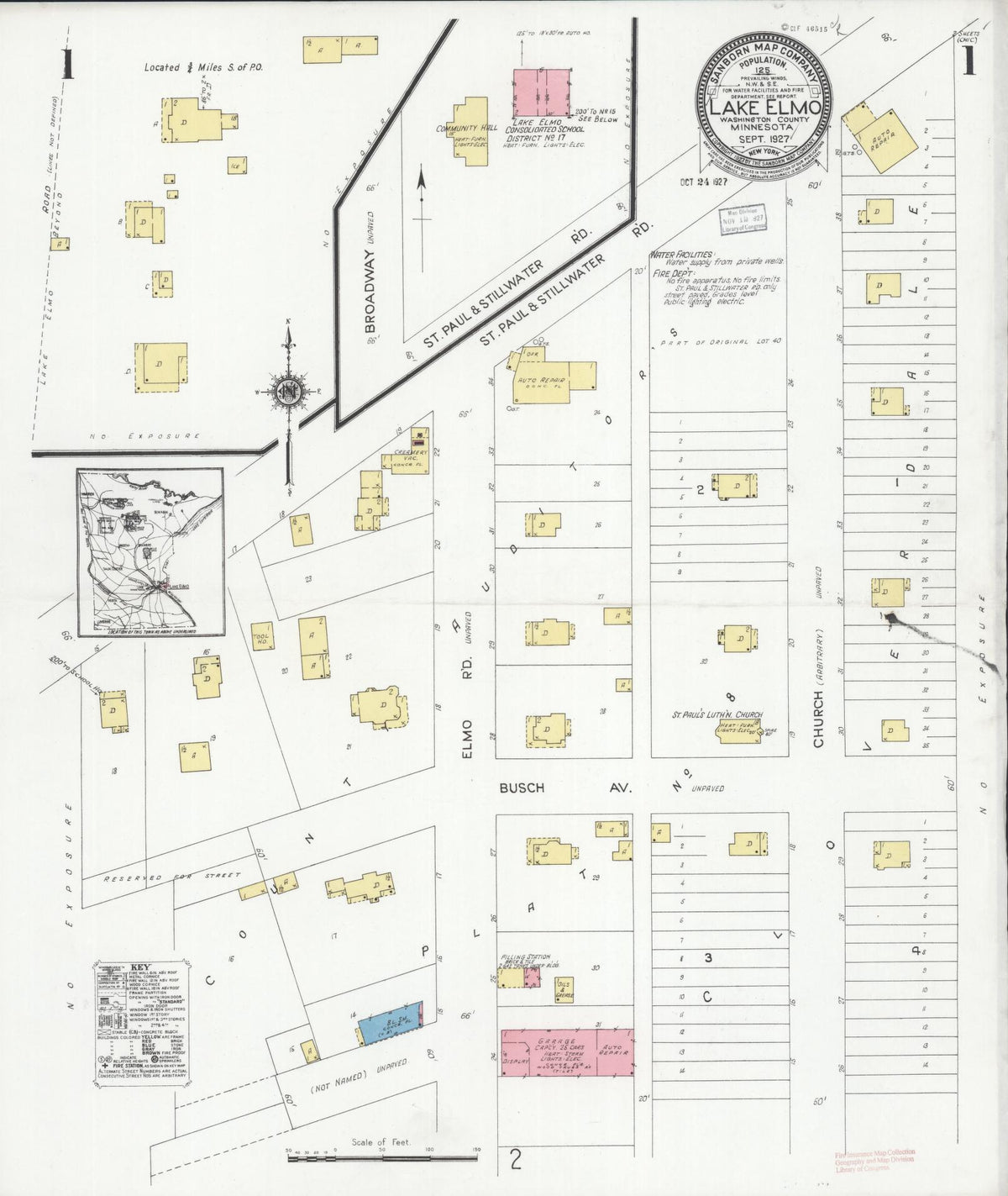 Sanborn Fire Insurance Map from Lake Elmo, Washington County, Minnesota (1927), Sheet #0001 - Historic Sanborn Fire Insurance Map Print, vintage old map wall art, antique decor, genealogy gift, Minnesota Minnesota map