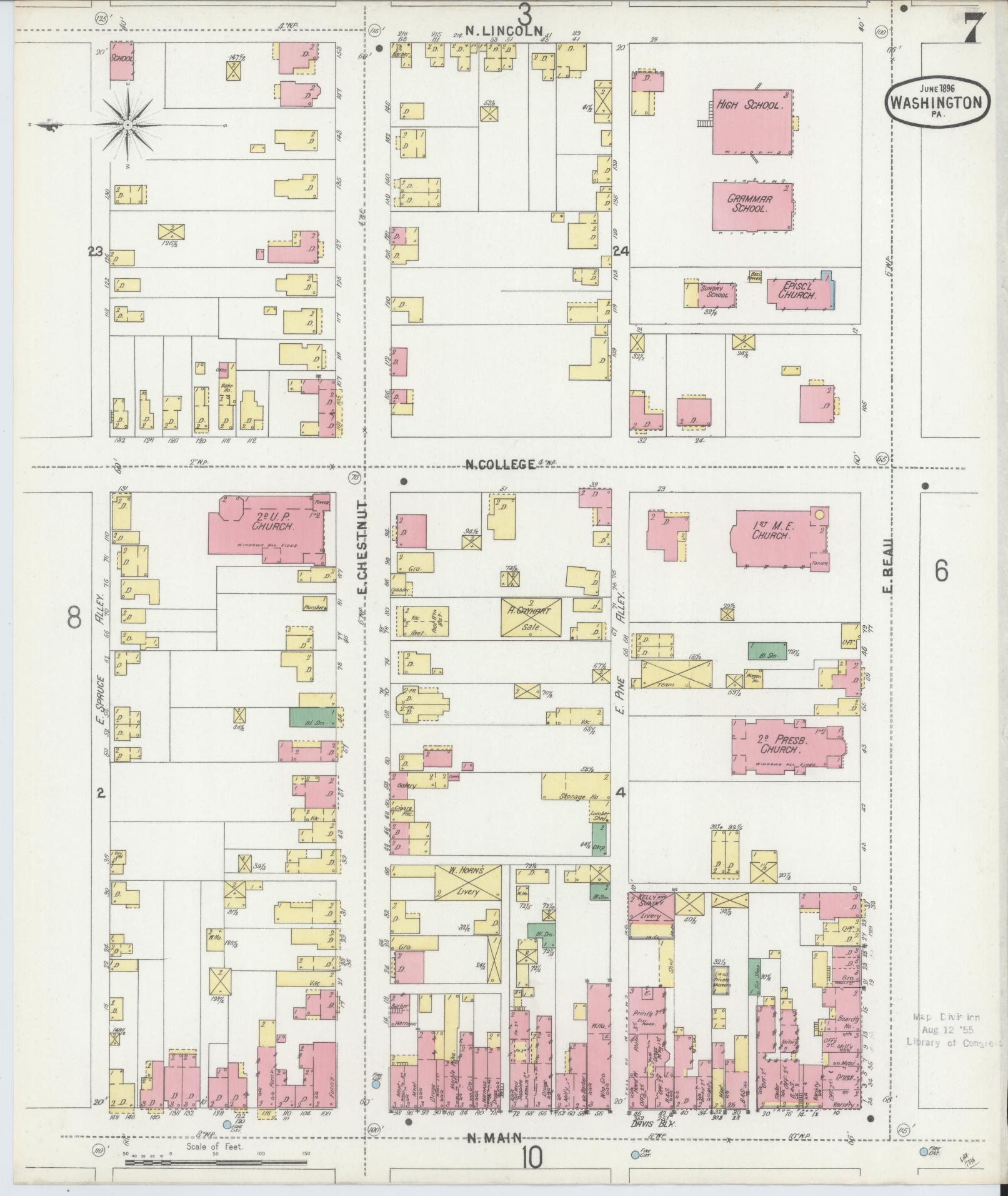 Sanborn Fire Insurance Map from Washington, Washington County, Pennsylvania (1896), Sheet #0007 - Historic Sanborn Fire Insurance Map Print, vintage old map wall art, antique decor, genealogy gift, Sanborn Fire Insurance Map from Washington Washington map