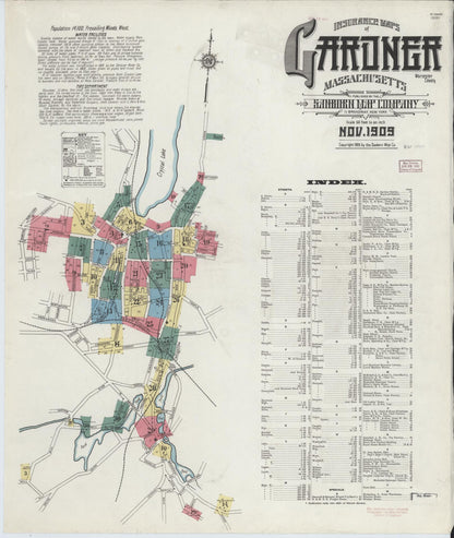 Sanborn Fire Insurance Map from Gardner, Worcester County, Massachusetts (1909), Sheet #0001 - Historic Sanborn Fire Insurance Map Print, vintage old map wall art, antique decor, genealogy gift, Massachusetts Massachusetts map