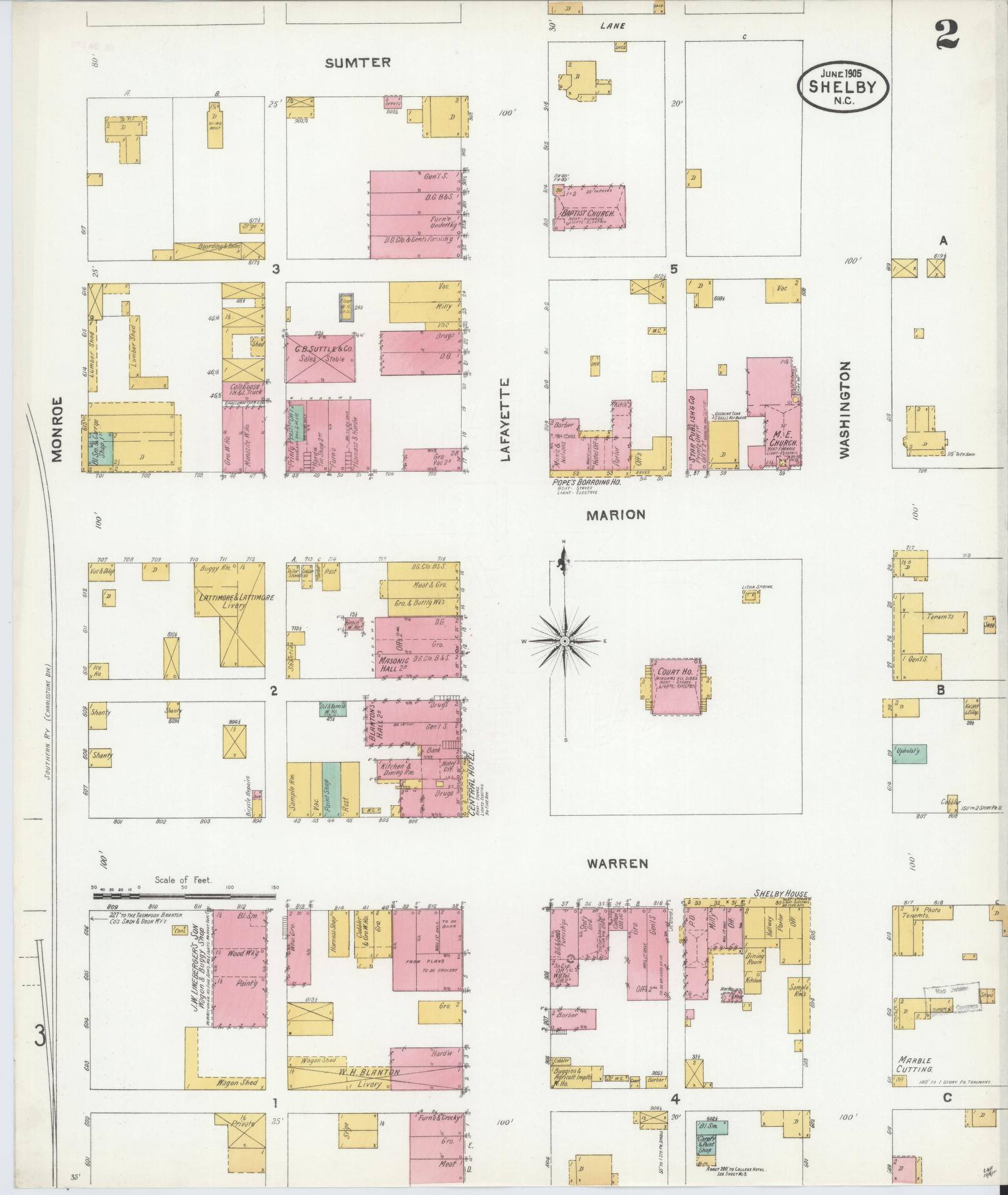 Sanborn Fire Insurance Map from Shelby, Cleveland County, North Carolina (1905), Sheet #0002 - Complete Map Set gallery image, historic Sanborn map, vintage wall art, North Carolina North Carolina