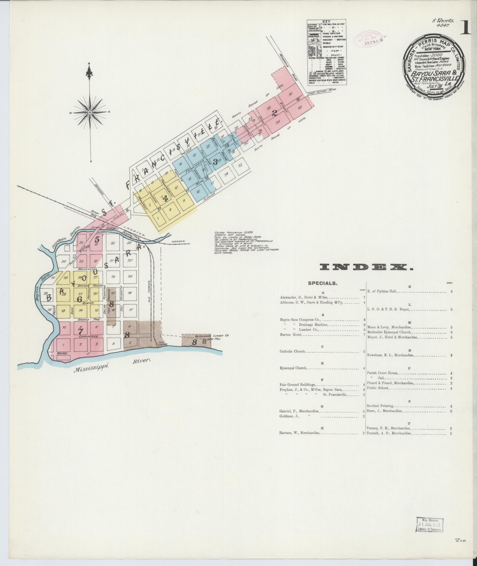 Sanborn Fire Insurance Map from Bayou Sara, West Feliciana Parish, Louisiana (1891), Sheet #0001 - Historic Sanborn Fire Insurance Map Print, vintage old map wall art, antique decor, genealogy gift, Louisiana Louisiana map