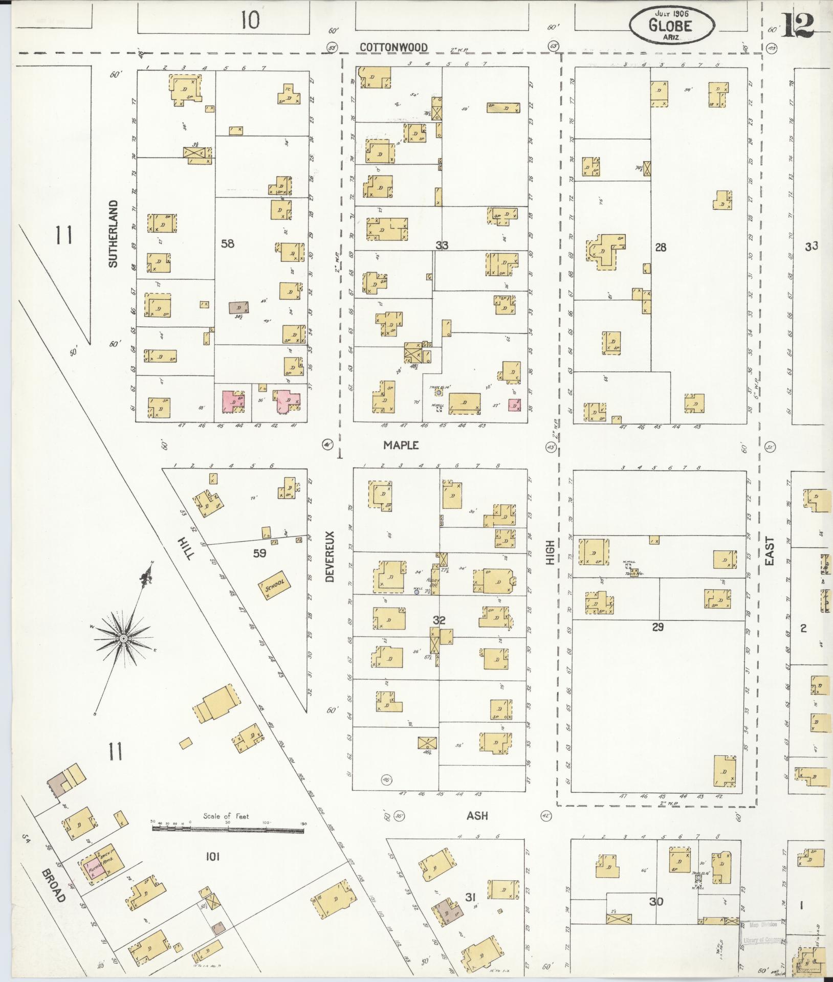 Sanborn Fire Insurance Map from Globe, Gila County, Arizona (1906), Sheet #0012 - Historic Sanborn Fire Insurance Map Print, vintage old map wall art, antique decor, genealogy gift, Arizona Arizona map
