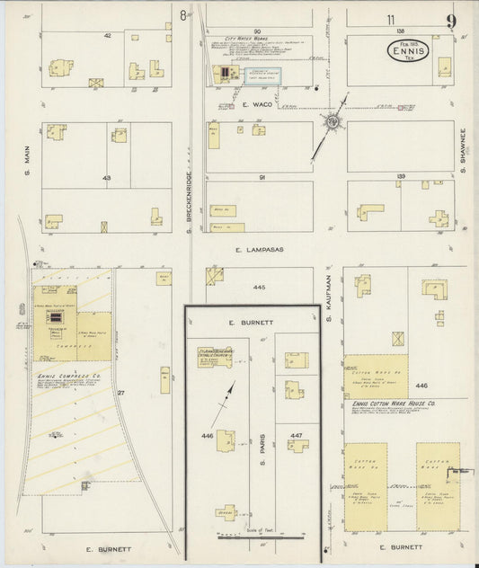 Sanborn Fire Insurance Map from Ennis, Ellis County, Texas (1915), Sheet #0009 - Historic Sanborn Fire Insurance Map Print, vintage old map wall art, antique decor, genealogy gift, Texas Texas map