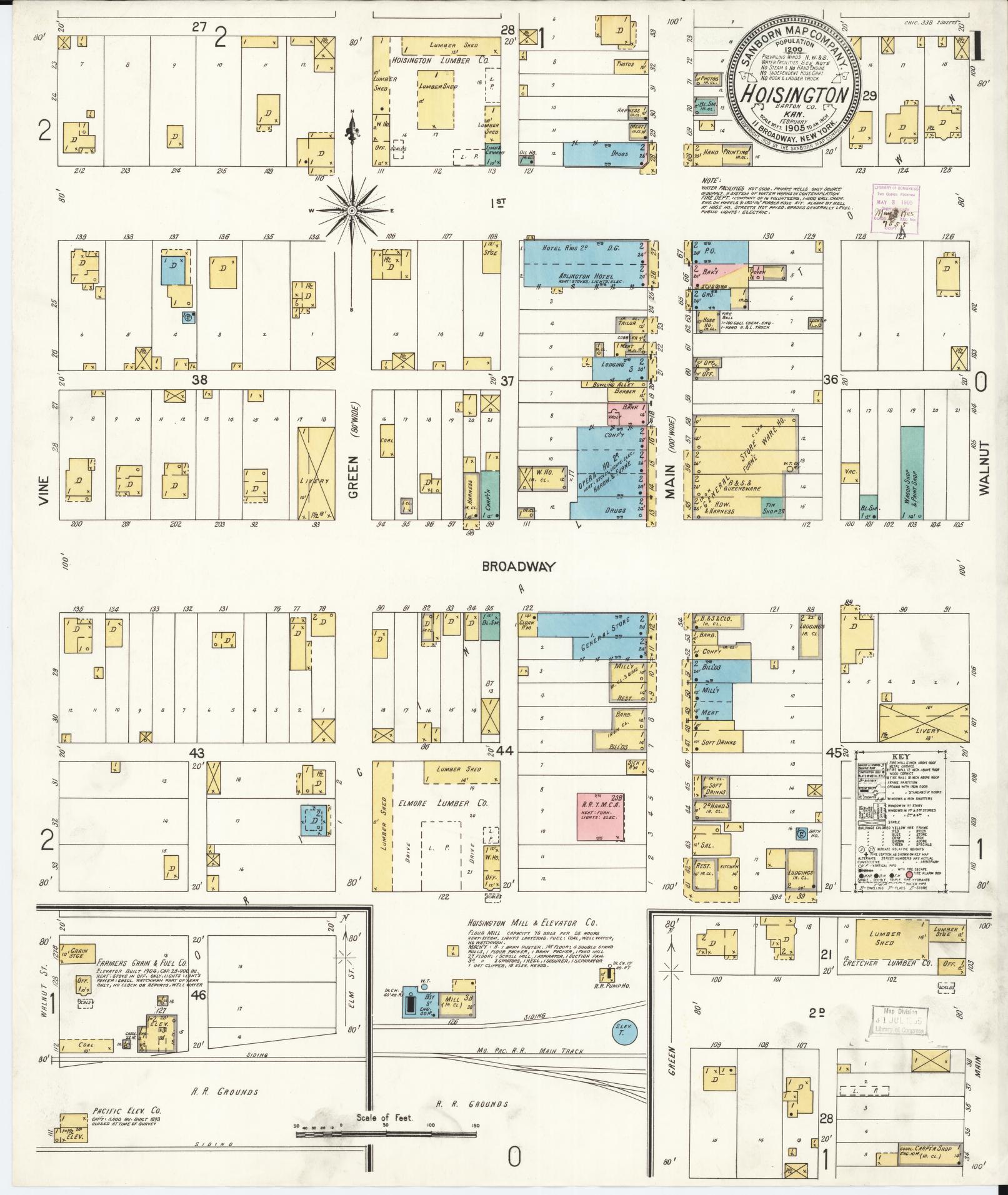 Sanborn Fire Insurance Map from Hoisington, Barton County, Kansas (1905), Sheet #0001 - Historic Sanborn Fire Insurance Map Print, vintage old map wall art, antique decor, genealogy gift, Kansas Kansas map
