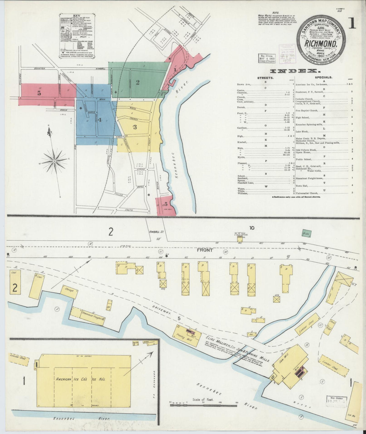 Sanborn Fire Insurance Map from Richmond, Sagadahoc County, Maine (1903), Sheet #0001 - Historic Sanborn Fire Insurance Map Print, vintage old map wall art, antique decor, genealogy gift, Maine Maine map