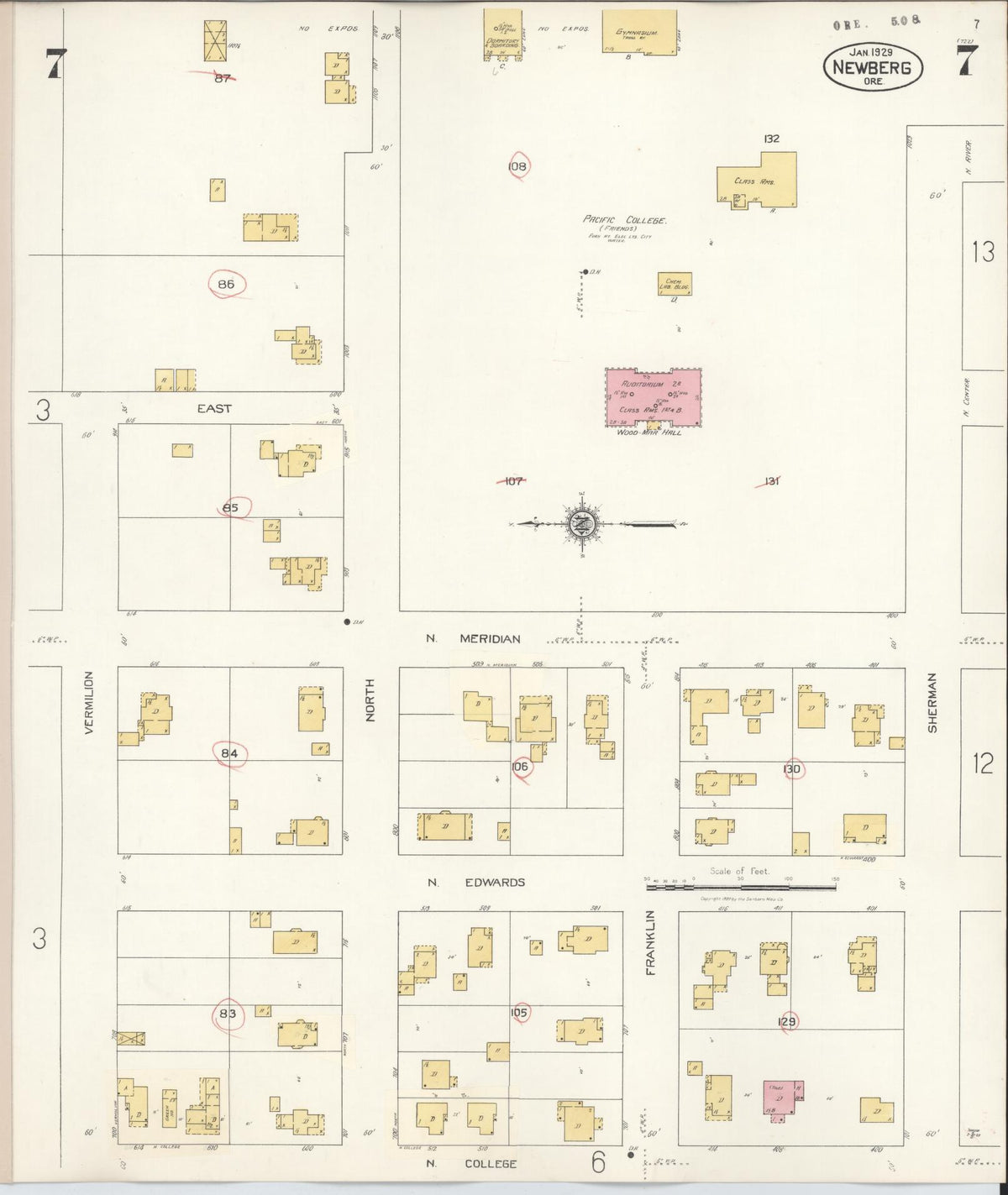 Sanborn Fire Insurance Map from Newberg, Yamhill County, Oregon (1934), Sheet #0007 - Historic Sanborn Fire Insurance Map Print, vintage old map wall art, antique decor, genealogy gift, Oregon Oregon map