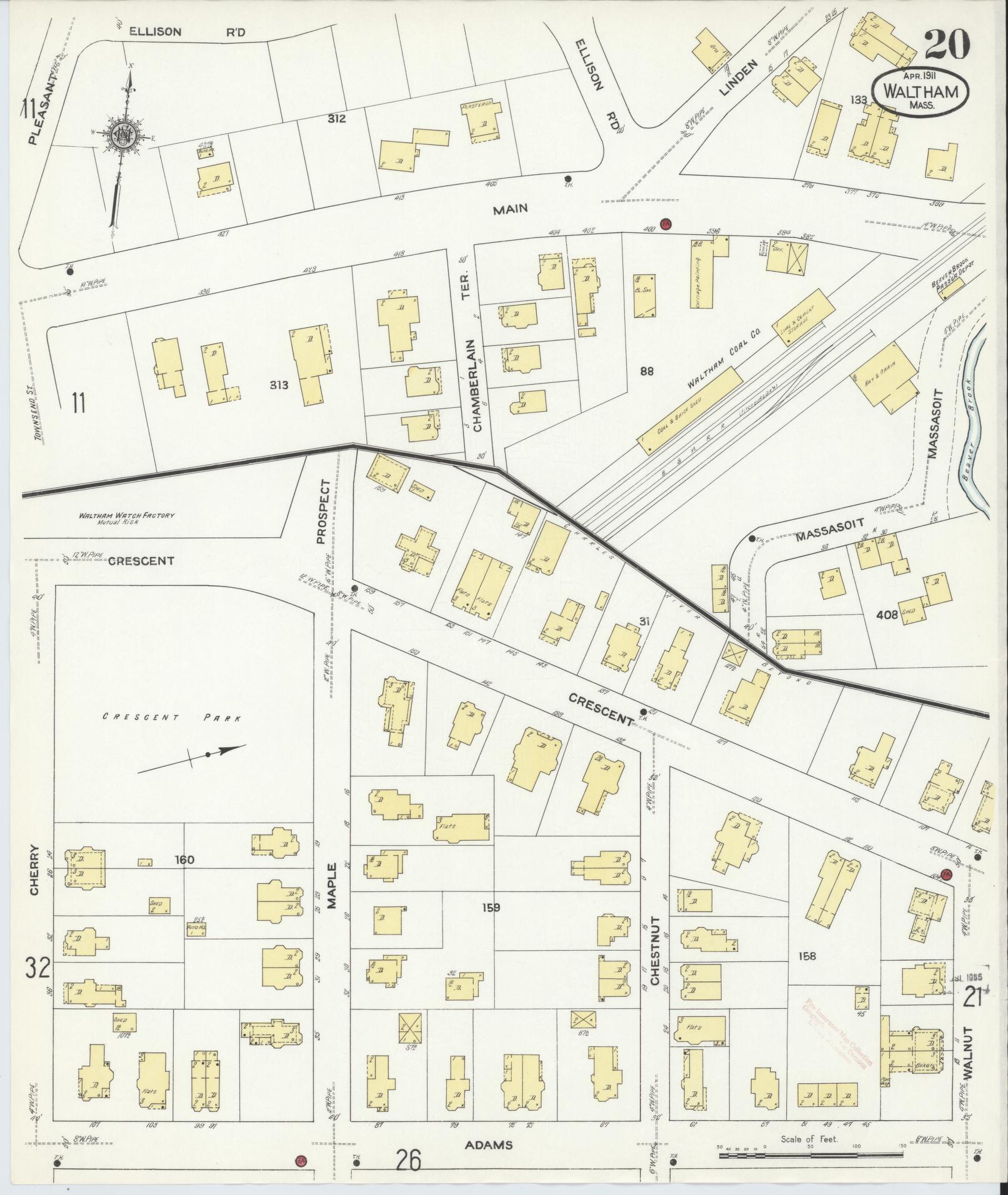 Sanborn Fire Insurance Map from Waltham, Middlesex County, Massachusetts (1911), Sheet #0020 - Historic Sanborn Fire Insurance Map Print, vintage old map wall art, antique decor, genealogy gift, Massachusetts Massachusetts map