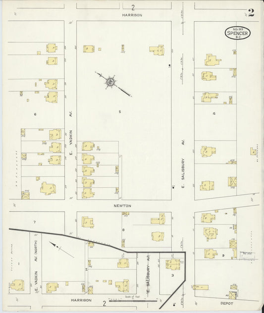 Sanborn Fire Insurance Map from Spencer, Rowan County, North Carolina (1913), Sheet #0002 - Historic Sanborn Fire Insurance Map Print, vintage old map wall art, antique decor, genealogy gift, North Carolina North Carolina map