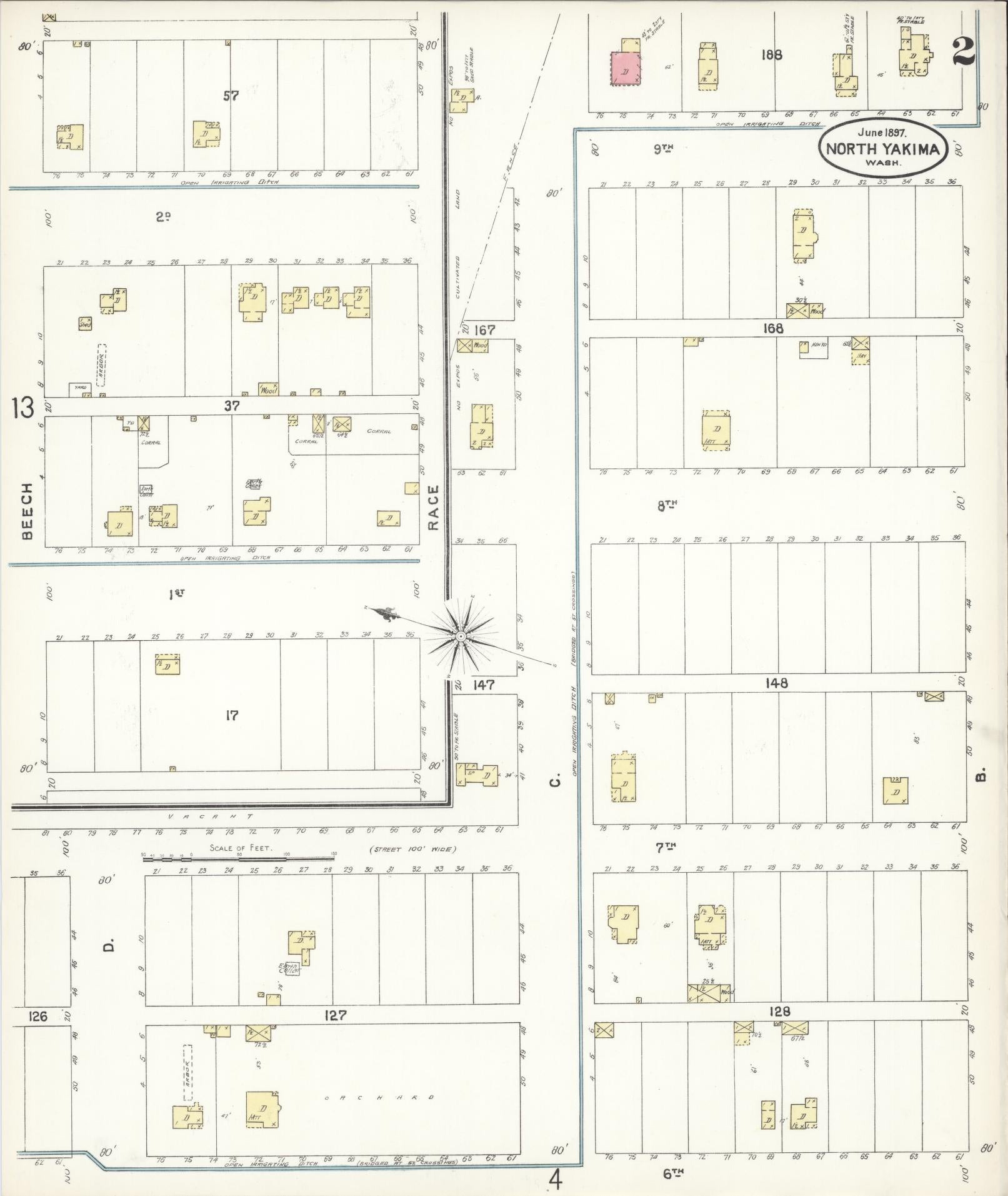 Sanborn Fire Insurance Map from North Yakima, Yakima County, Washington (1897), Sheet #0002 - Historic Sanborn Fire Insurance Map Print, vintage old map wall art, antique decor, genealogy gift, Washington Washington map