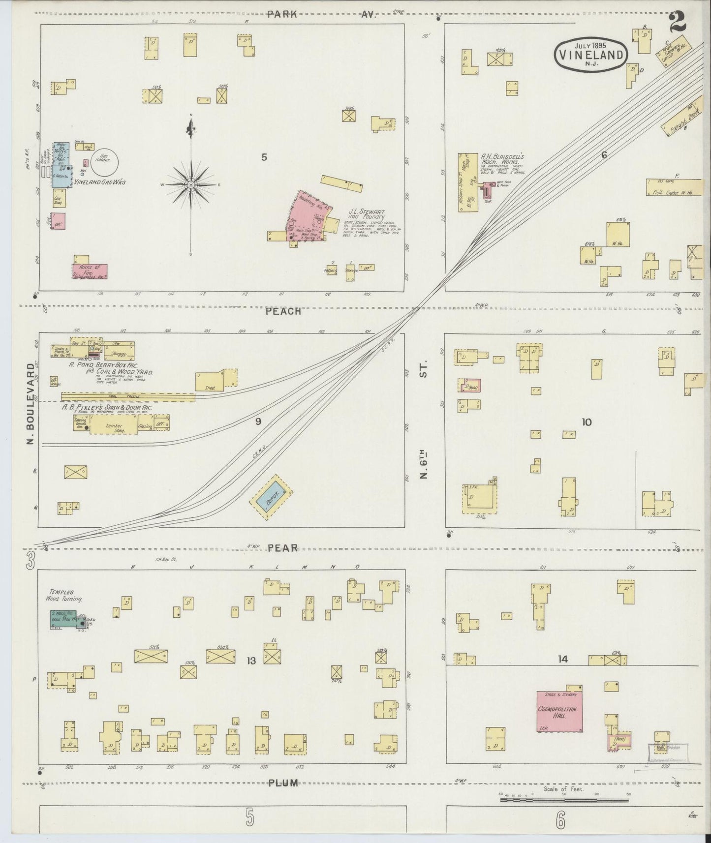 Sanborn Fire Insurance Map from Vineland, Cumberland County, New Jersey (1895), Sheet #0002 - Historic Sanborn Fire Insurance Map Print, vintage old map wall art, antique decor, genealogy gift, New Jersey New Jersey map