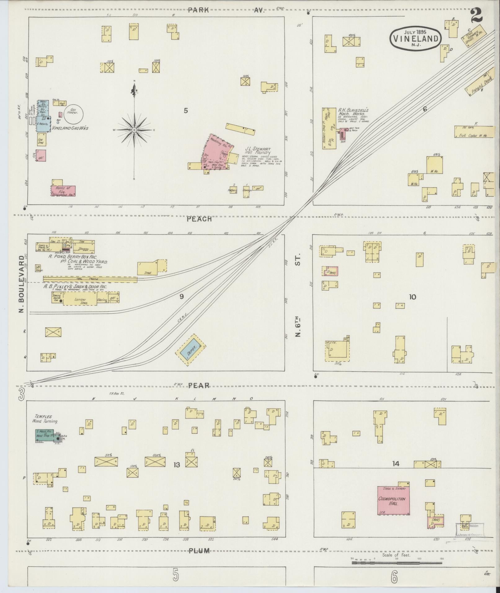 Sanborn Fire Insurance Map from Vineland, Cumberland County, New Jersey (1895), Sheet #0002 - Historic Sanborn Fire Insurance Map Print, vintage old map wall art, antique decor, genealogy gift, New Jersey New Jersey map