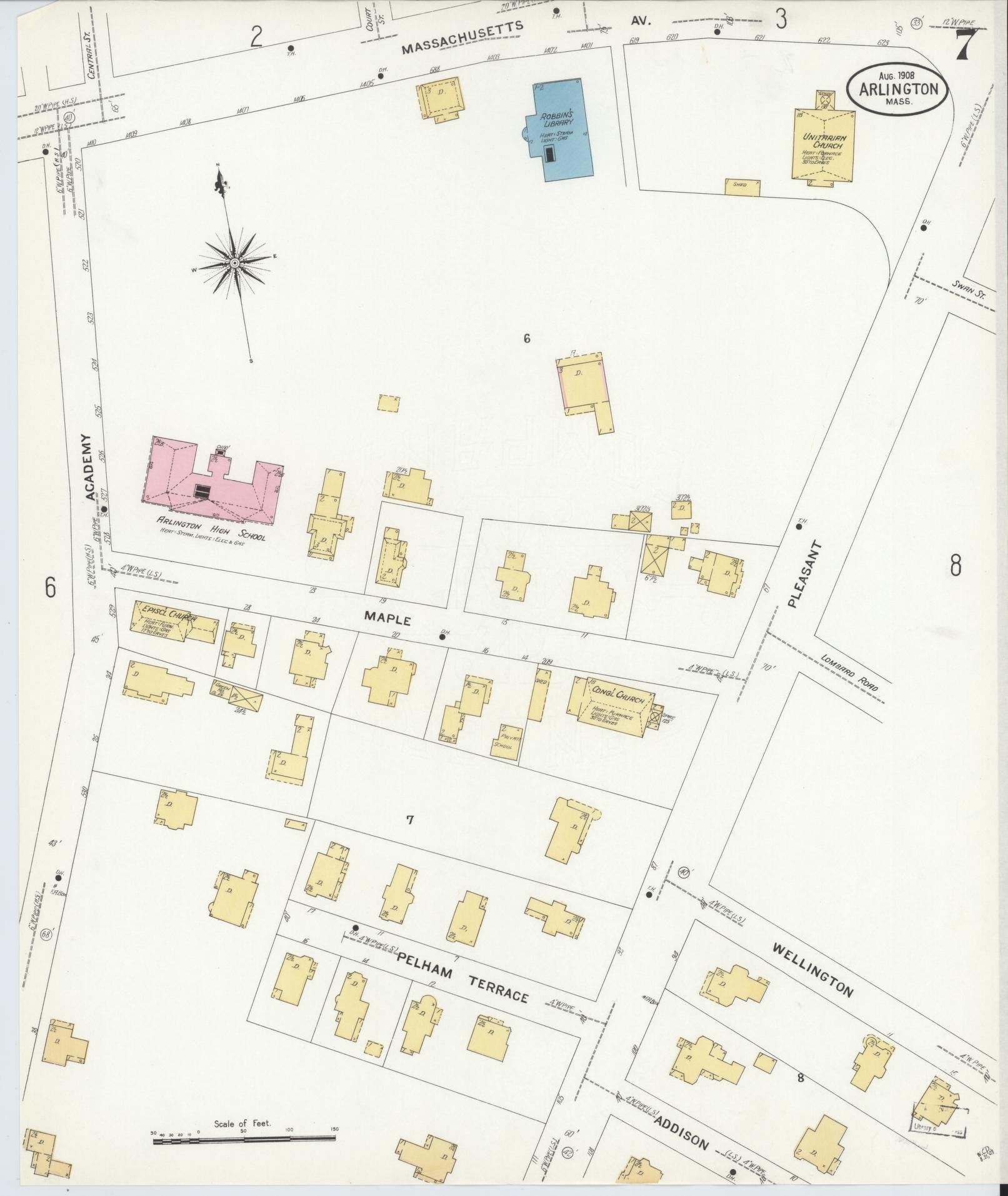 Sanborn Fire Insurance Map from Arlington, Middlesex County, Massachusetts (1908), Sheet #0007 - Complete Map Set gallery image, historic Sanborn map, vintage wall art, Massachusetts Massachusetts