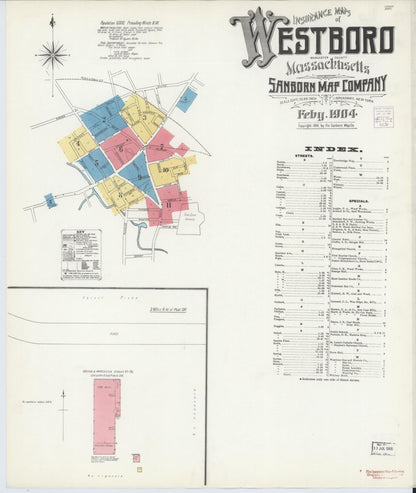 Sanborn Fire Insurance Map from Westboro, Worcester County, Massachusetts (1904), Sheet #0001 - Historic Sanborn Fire Insurance Map Print, vintage old map wall art, antique decor, genealogy gift, Massachusetts Massachusetts map