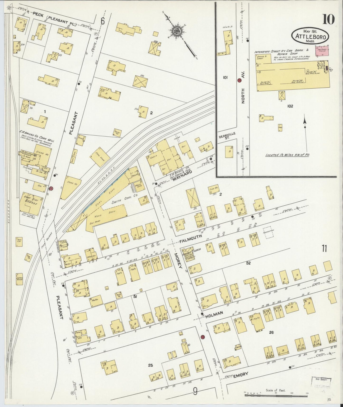 Sanborn Fire Insurance Map from Attleboro, Bristol County, Massachusetts (1911), Sheet #0010 - Complete Map Set gallery image, historic Sanborn map, vintage wall art, Massachusetts Massachusetts