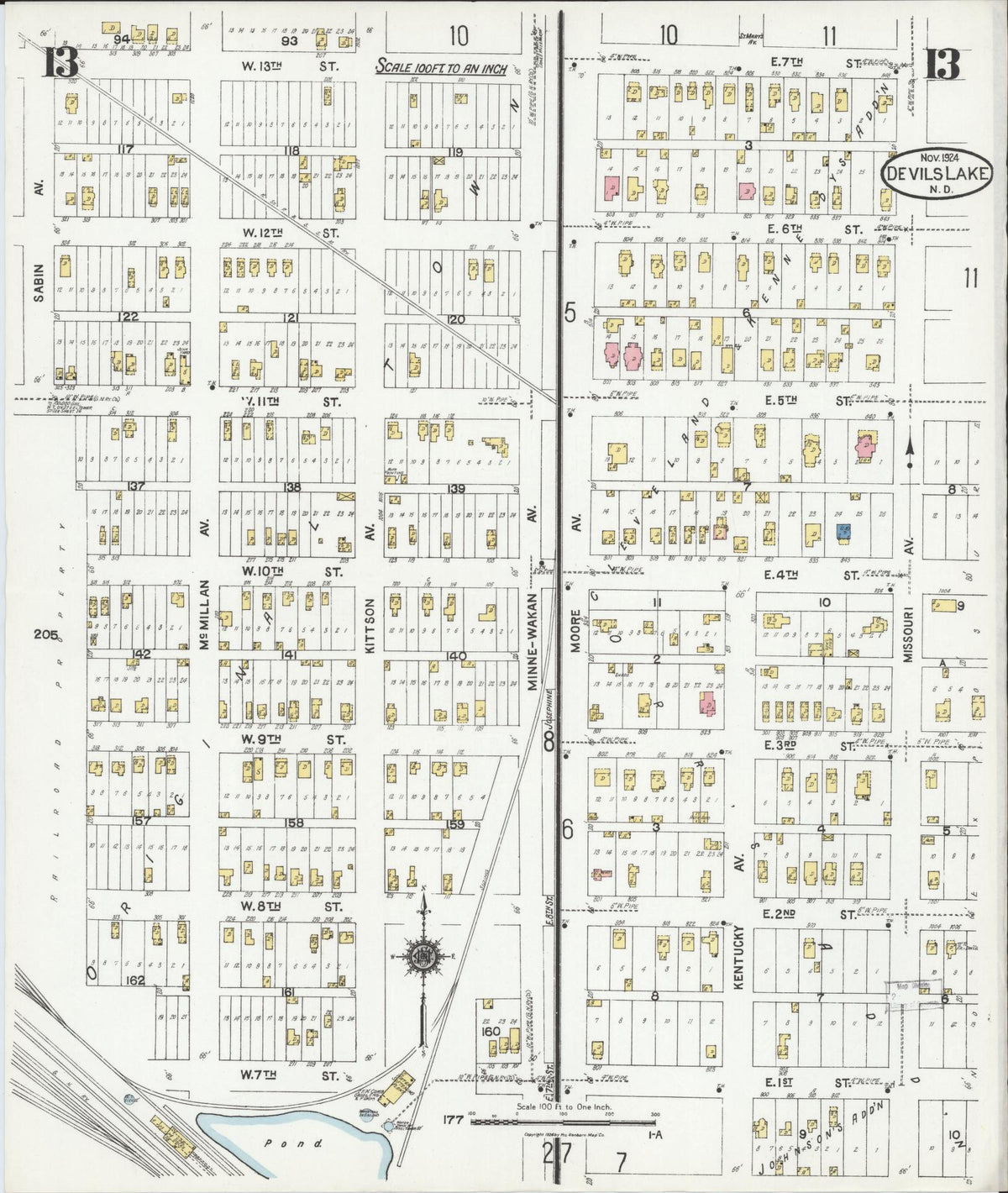 Sanborn Fire Insurance Map from Devils Lake, Ramsey County, North Dakota (1924), Sheet #0013 - Complete Map Set gallery image, historic Sanborn map, vintage wall art, North Dakota North Dakota
