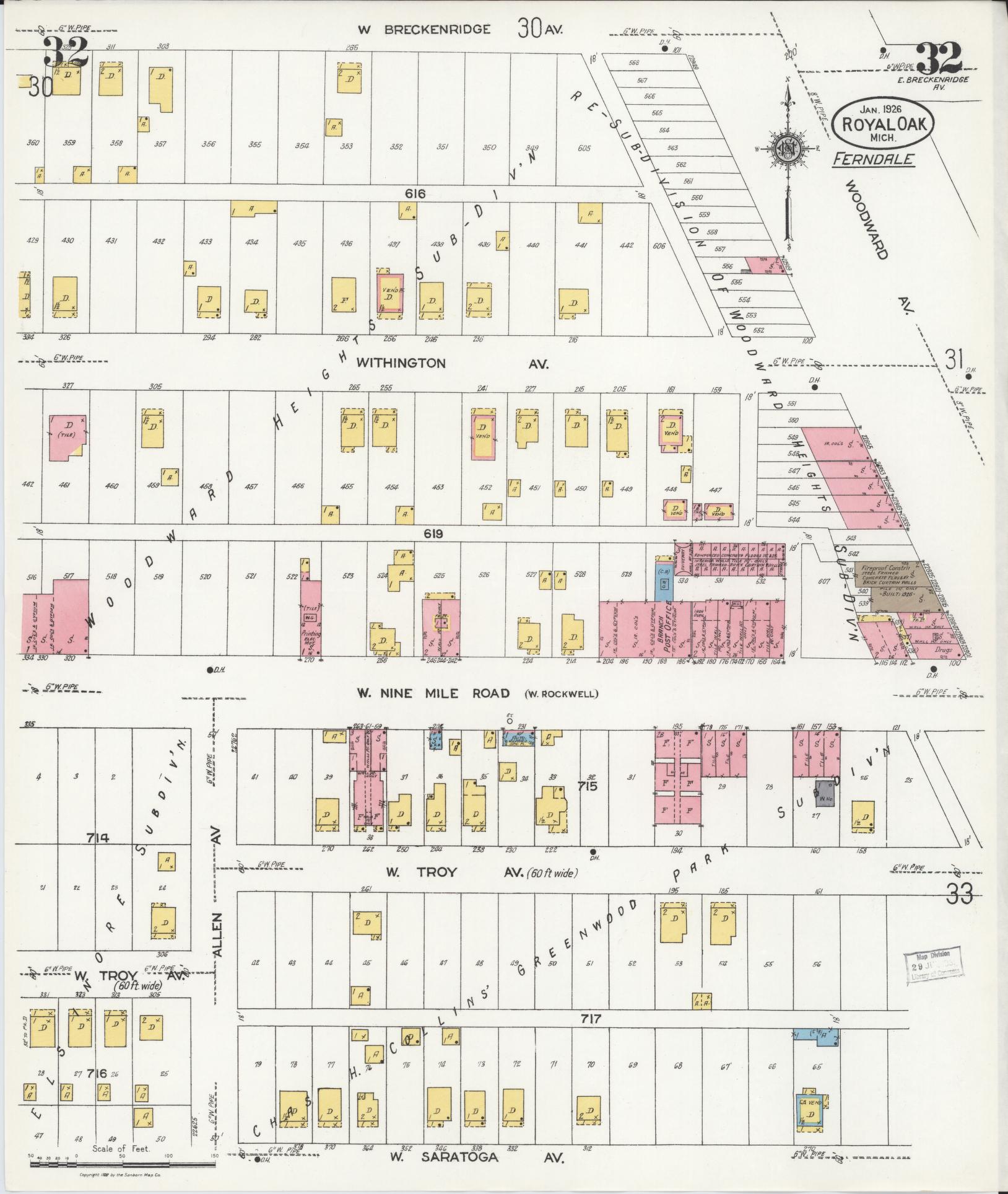 Sanborn Fire Insurance Map from Royal Oak, Oakland County, Michigan (1926), Sheet #0032 - Complete Map Set gallery image, historic Sanborn map, vintage wall art, Michigan Michigan