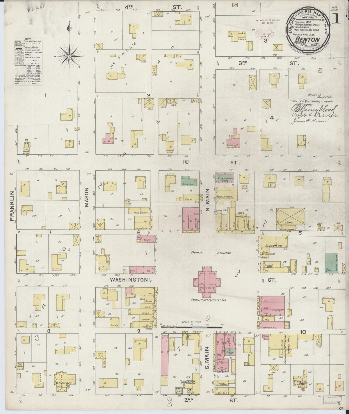 Sanborn Fire Insurance Map from Benton, Franklin County, Illinois (1894), Sheet #0001 - Historic Sanborn Fire Insurance Map Print, vintage old map wall art, antique decor, genealogy gift, Illinois Illinois map