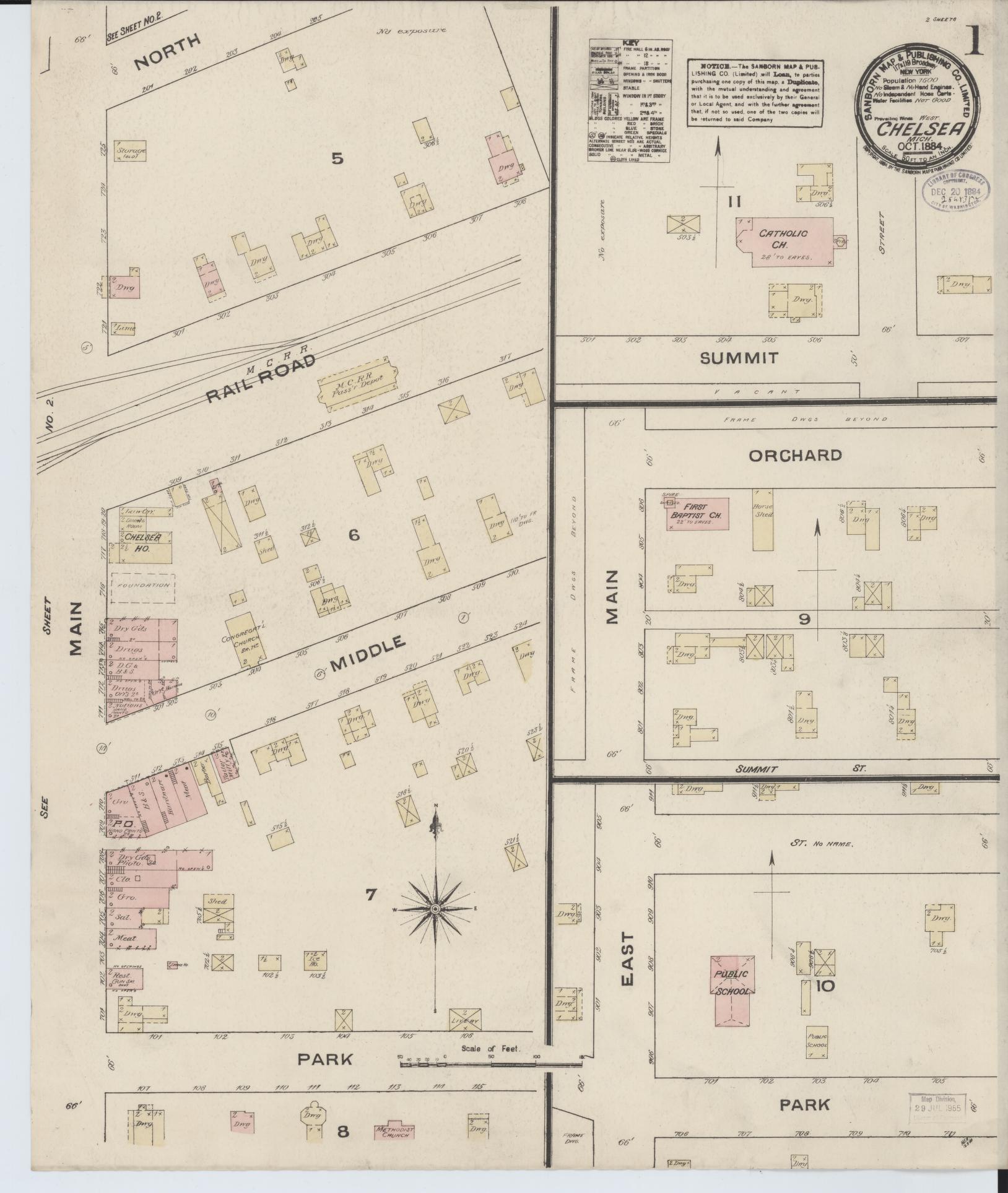 Sanborn Fire Insurance Map from Chelsea, Washtenaw County, Michigan (1884), Sheet #0001 - Complete Map Set gallery image, historic Sanborn map, vintage wall art, Michigan Michigan