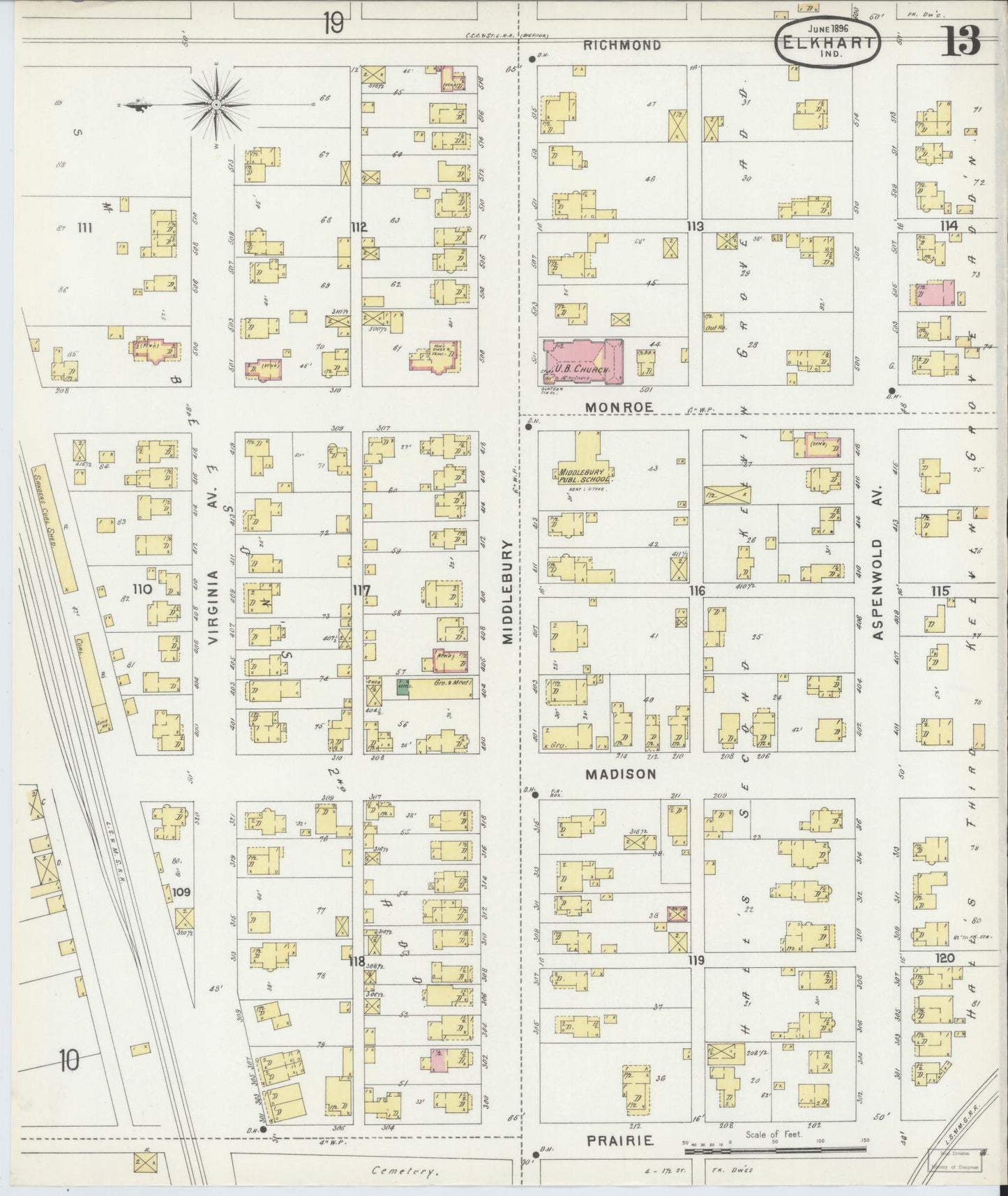 Sanborn Fire Insurance Map from Elkhart, Elkhart County, Indiana (1896), Sheet #0013 - Complete Map Set gallery image, historic Sanborn map, vintage wall art, Indiana Indiana