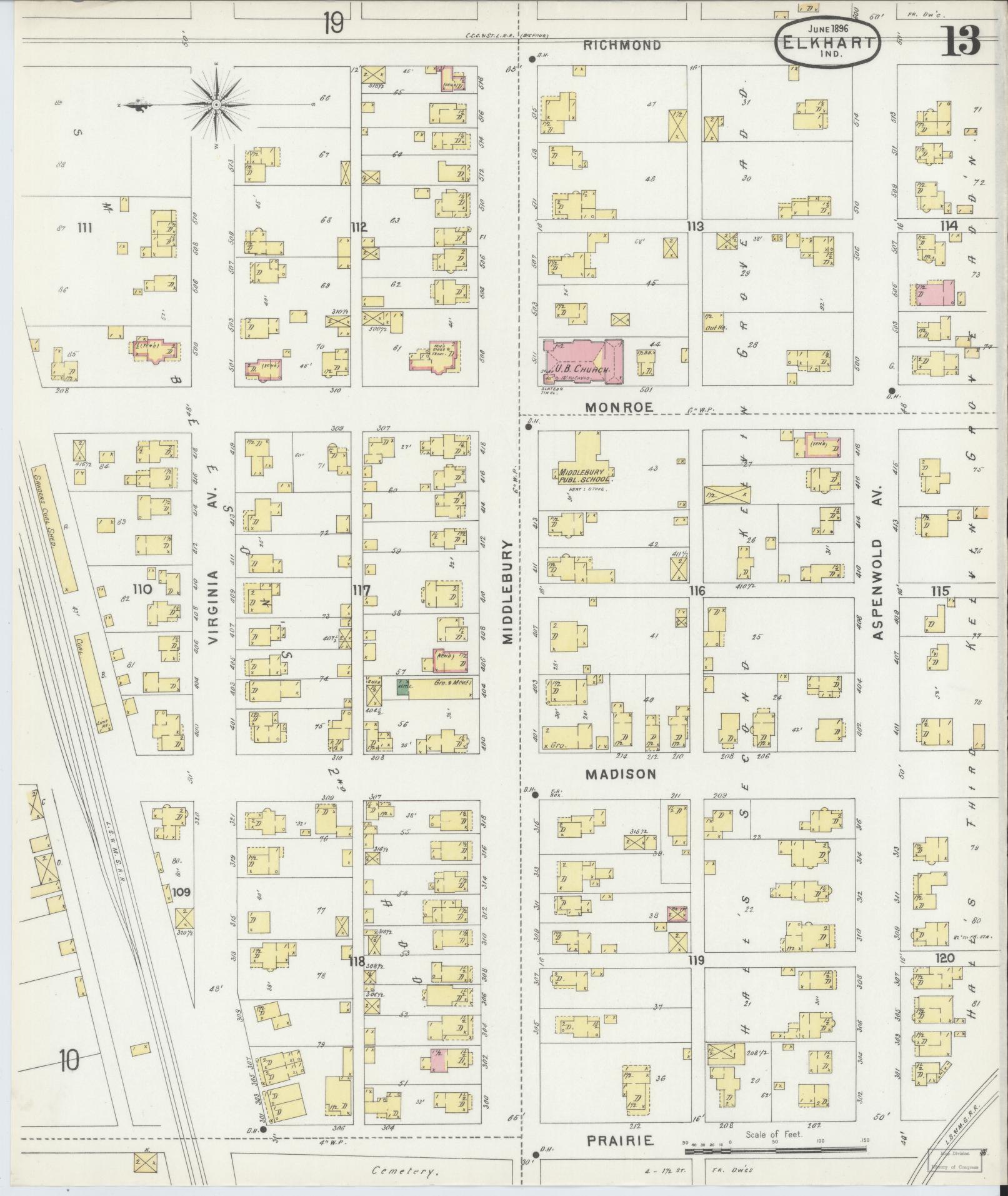 Sanborn Fire Insurance Map from Elkhart, Elkhart County, Indiana (1896), Sheet #0013 - Complete Map Set gallery image, historic Sanborn map, vintage wall art, Indiana Indiana