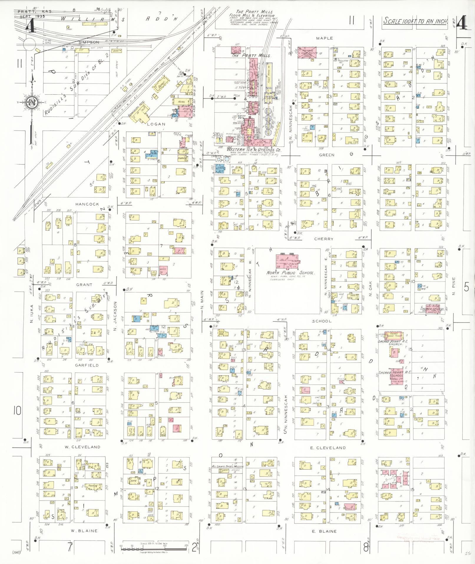 Sanborn Fire Insurance Map from Pratt, Pratt County, Kansas (1935), Sheet #0004 - Historic Sanborn Fire Insurance Map Print, vintage old map wall art, antique decor, genealogy gift, Kansas Kansas map