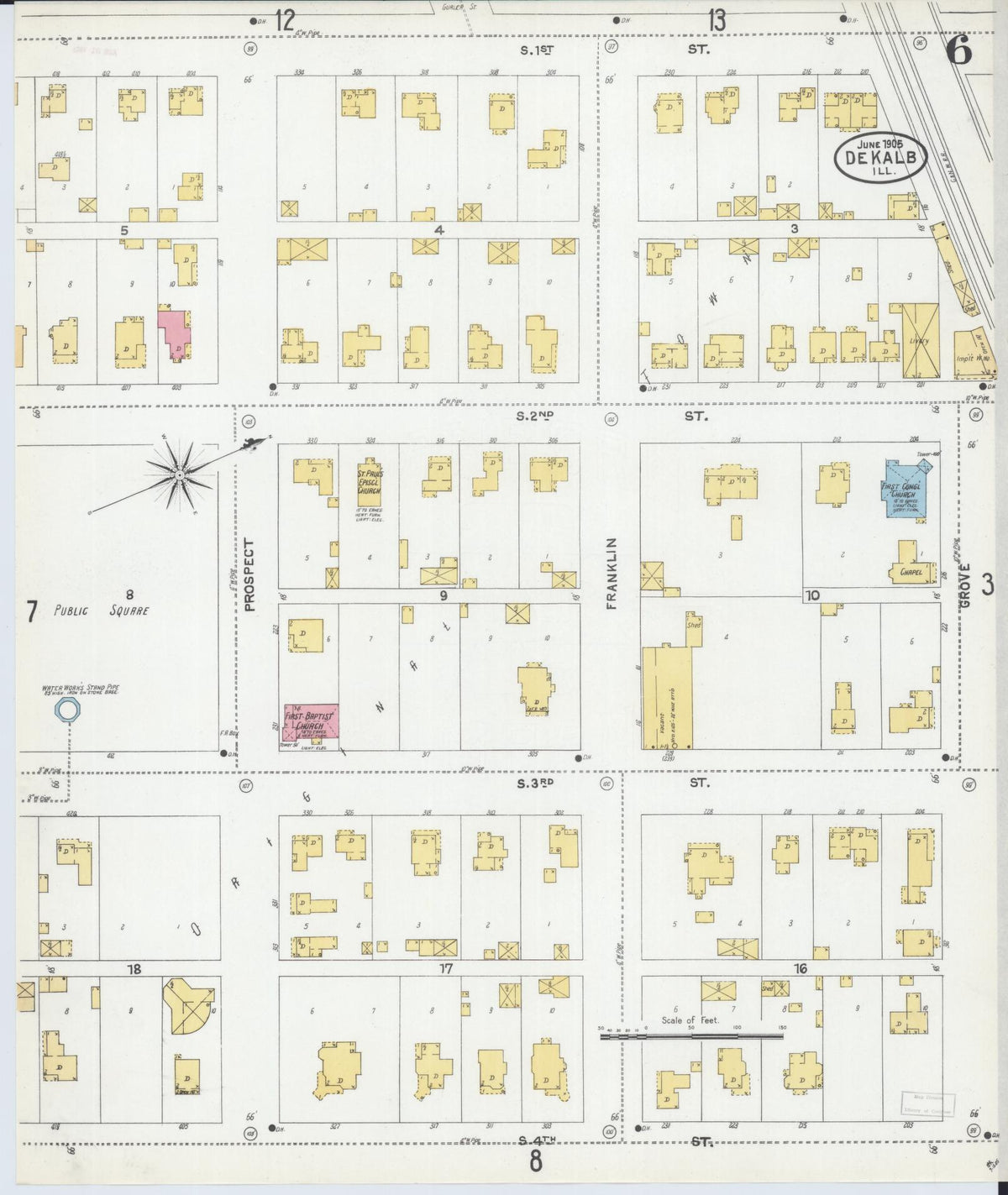 Sanborn Fire Insurance Map from De Kalb, De Kalb County, Illinois (1905), Sheet #0006 - Historic Sanborn Fire Insurance Map Print, vintage old map wall art, antique decor, genealogy gift, Illinois Illinois map