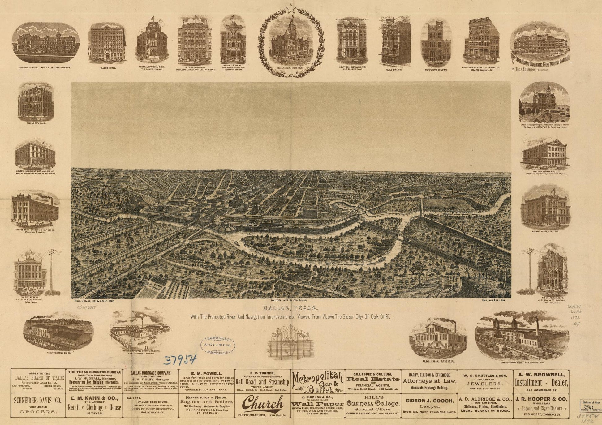 Dallas, Texas. With the projected river and navigation improvements viewed from above the sister city of Oak Cliff. (1892) – Historic Bird’s-Eye View Panorama Print