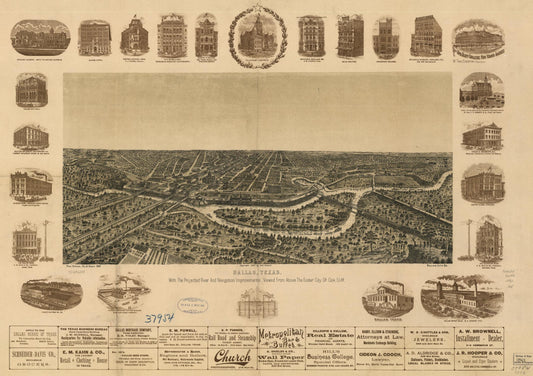 Dallas, Texas. With the projected river and navigation improvements viewed from above the sister city of Oak Cliff. (1892) – Historic Bird’s-Eye View Panorama Print