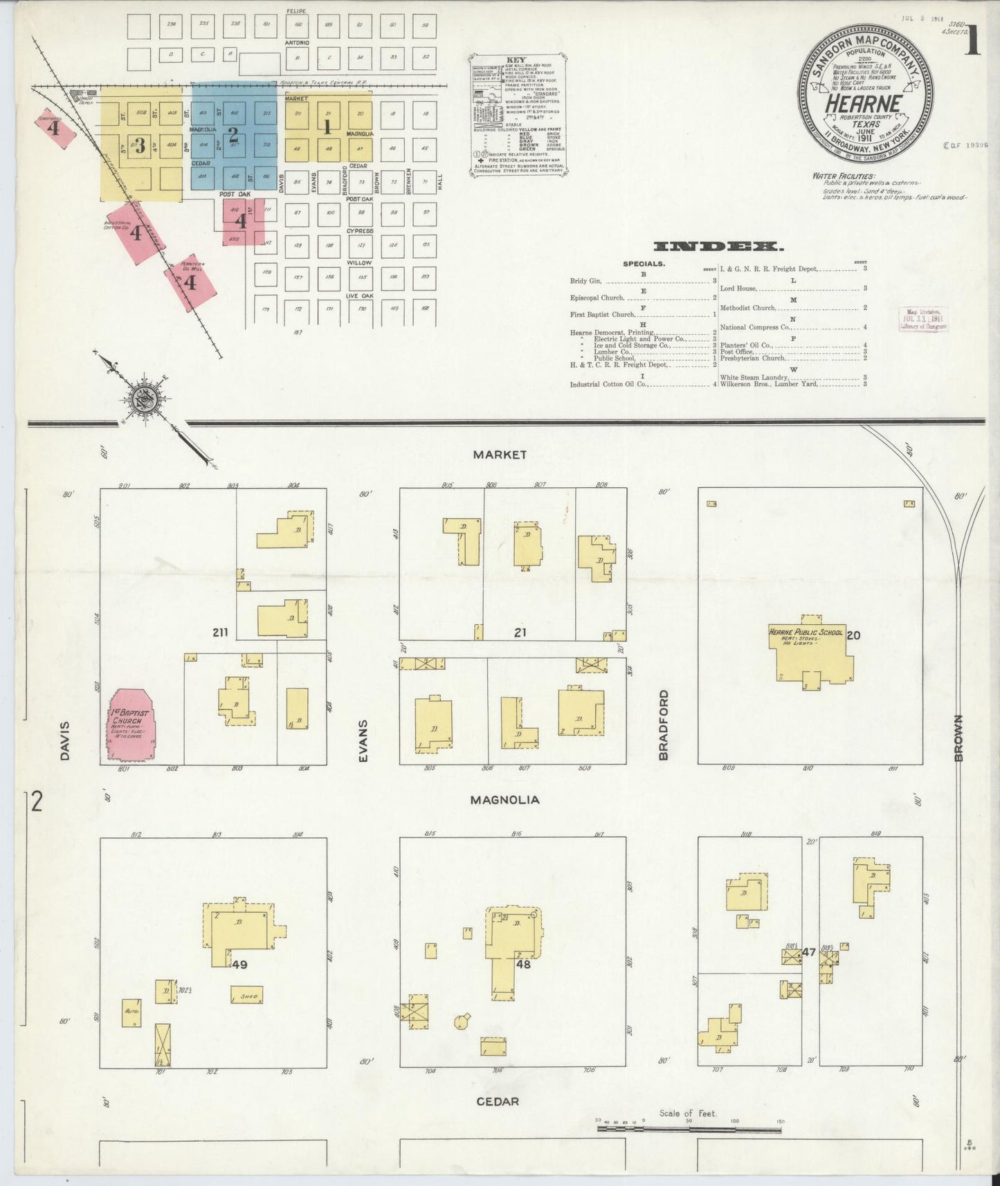 Sanborn Fire Insurance Map from Hearne, Robertson County, Texas. (1911), Sheet 1 – Historic Sanborn Fire Insurance Map Print
