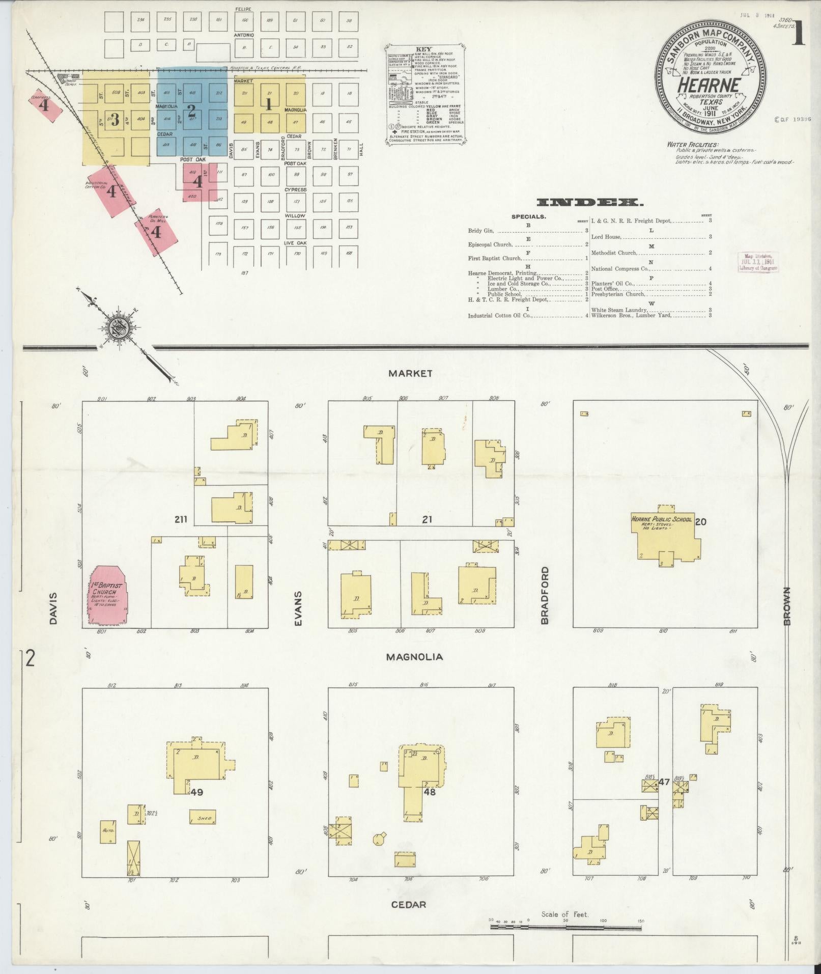 Sanborn Fire Insurance Map from Hearne, Robertson County, Texas. (1911), Sheet 1 – Historic Sanborn Fire Insurance Map Print