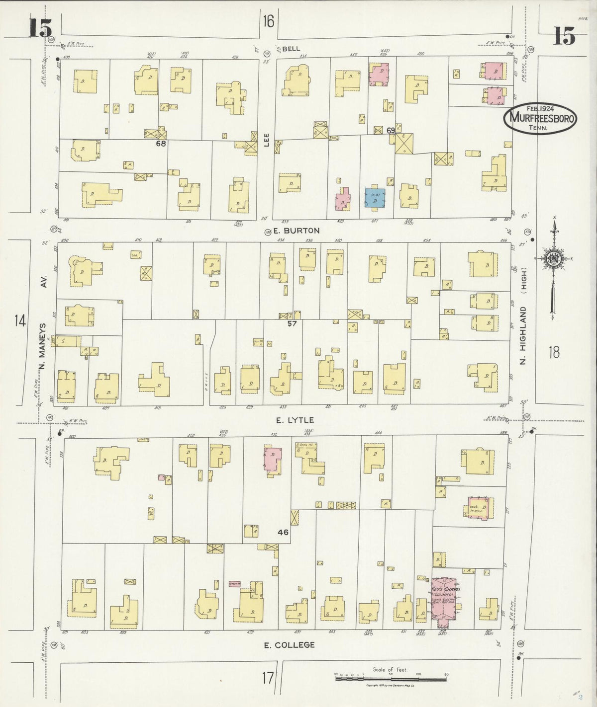 Sanborn Fire Insurance Map from Murfreesboro, Rutherford County, Tennessee (1924), Sheet #0015 - Complete Map Set gallery image, historic Sanborn map, vintage wall art, Tennessee Tennessee