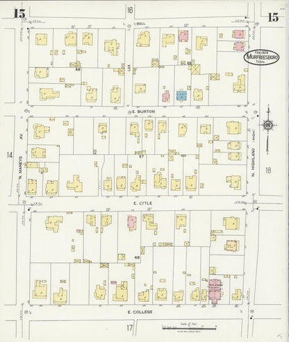 Sanborn Fire Insurance Map from Murfreesboro, Rutherford County, Tennessee (1924), Sheet #0015 - Complete Map Set gallery image, historic Sanborn map, vintage wall art, Tennessee Tennessee