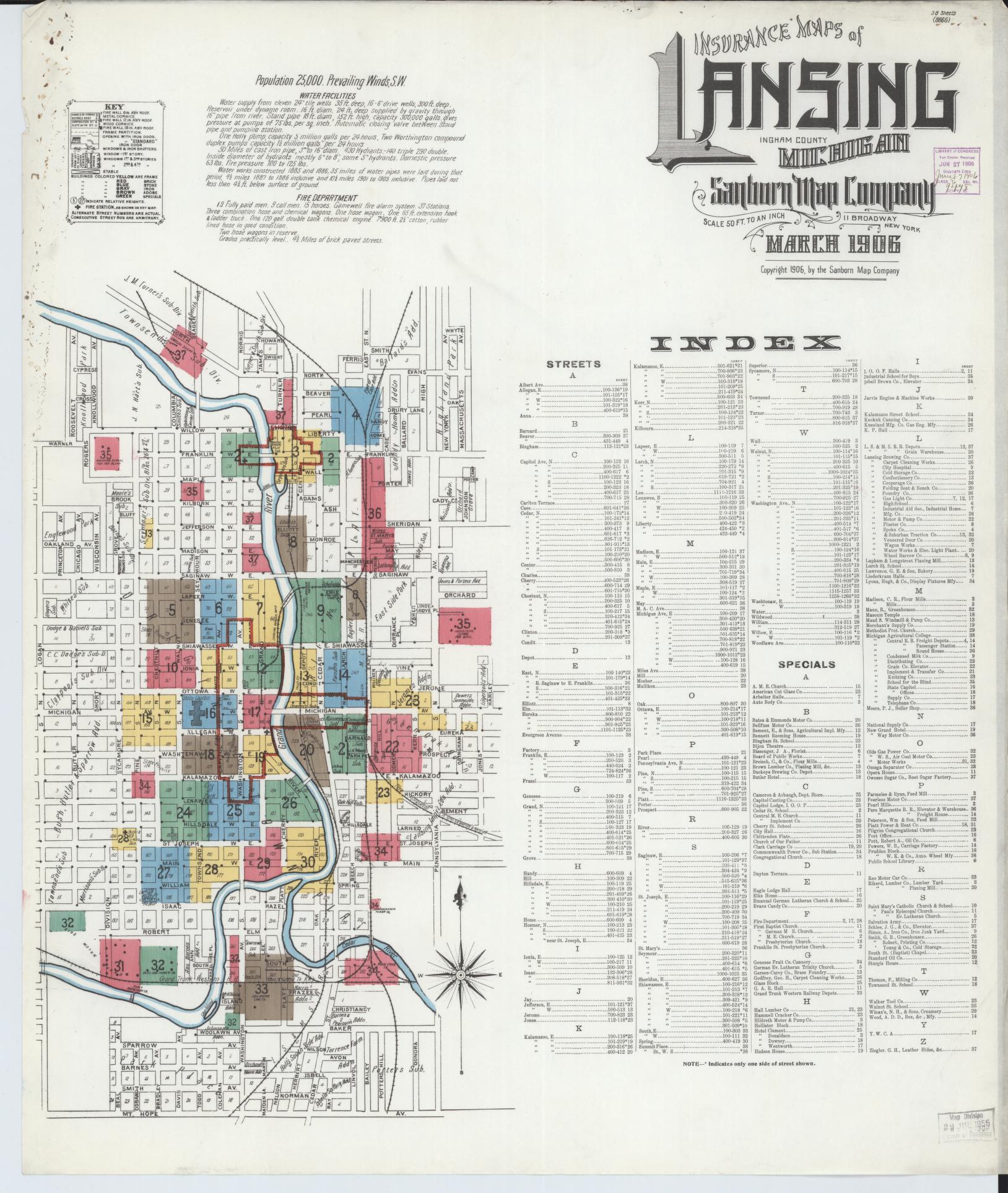 Sanborn Fire Insurance Map from Lansing, Ingham County, Michigan (1906), Sheet #0001 - Historic Sanborn Fire Insurance Map Print, vintage old map wall art, antique decor, genealogy gift, Michigan Michigan map