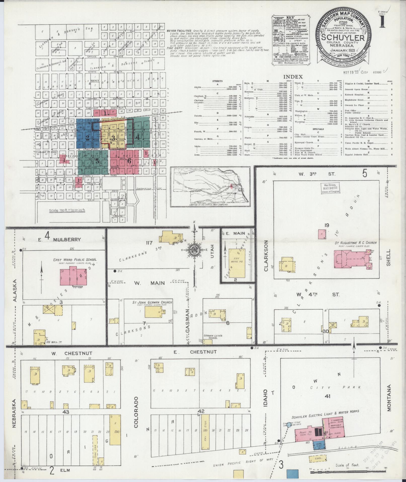 Sanborn Fire Insurance Map from Schuyler, Colfax County, Nebraska (1923), Sheet #0001 - Complete Map Set gallery image, historic Sanborn map, vintage wall art, Nebraska Nebraska