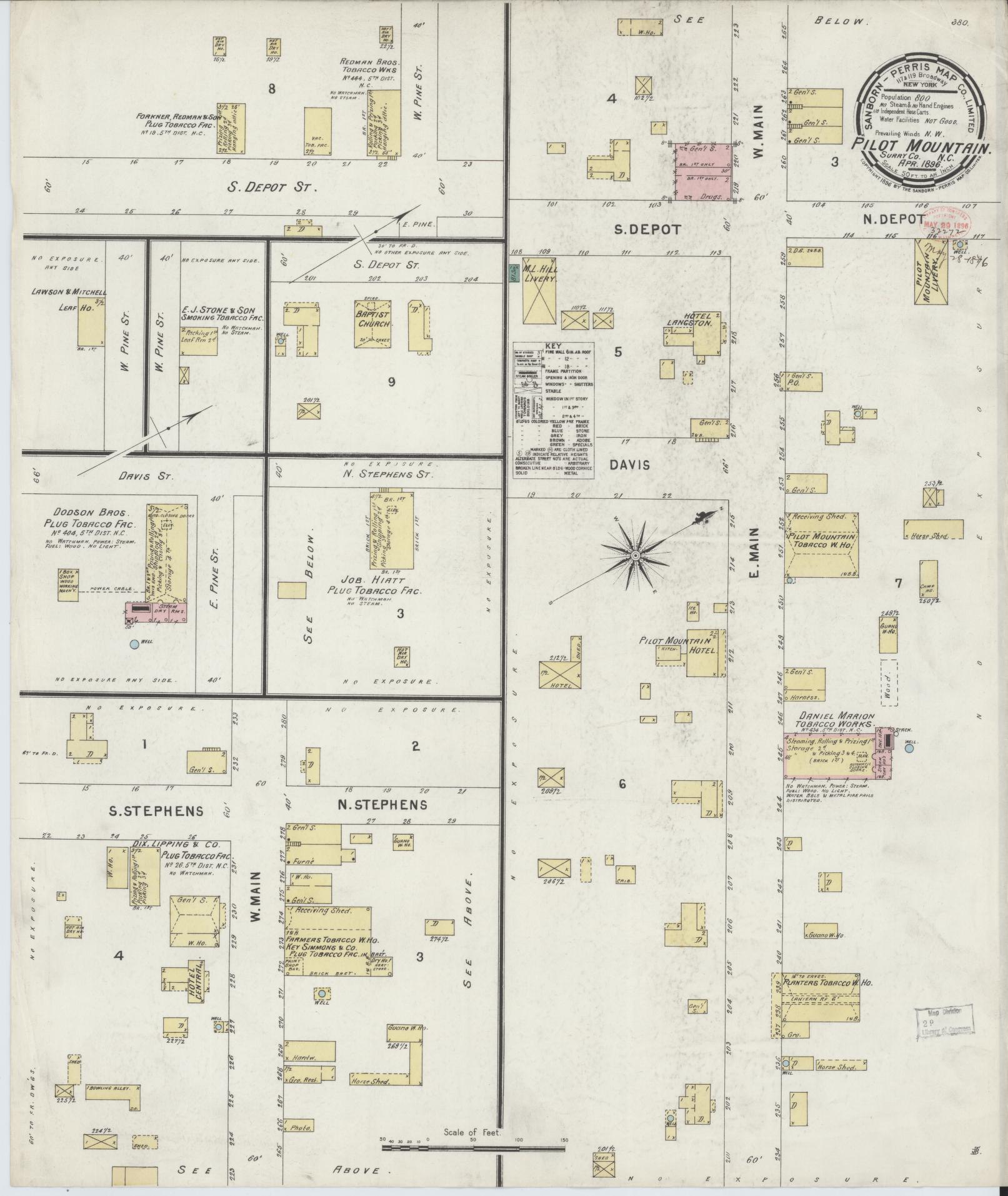 Sanborn Fire Insurance Map from Pilot Mountain, Surry County, North Carolina (1896), Sheet #0001 - Historic Sanborn Fire Insurance Map Print, vintage old map wall art, antique decor, genealogy gift, North Carolina North Carolina map
