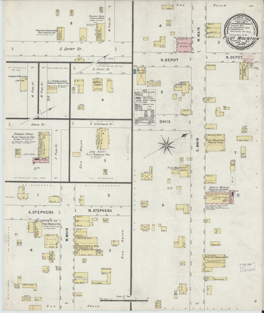 Sanborn Fire Insurance Map from Pilot Mountain, Surry County, North Carolina (1896), Sheet #0001 - Historic Sanborn Fire Insurance Map Print, vintage old map wall art, antique decor, genealogy gift, North Carolina North Carolina map
