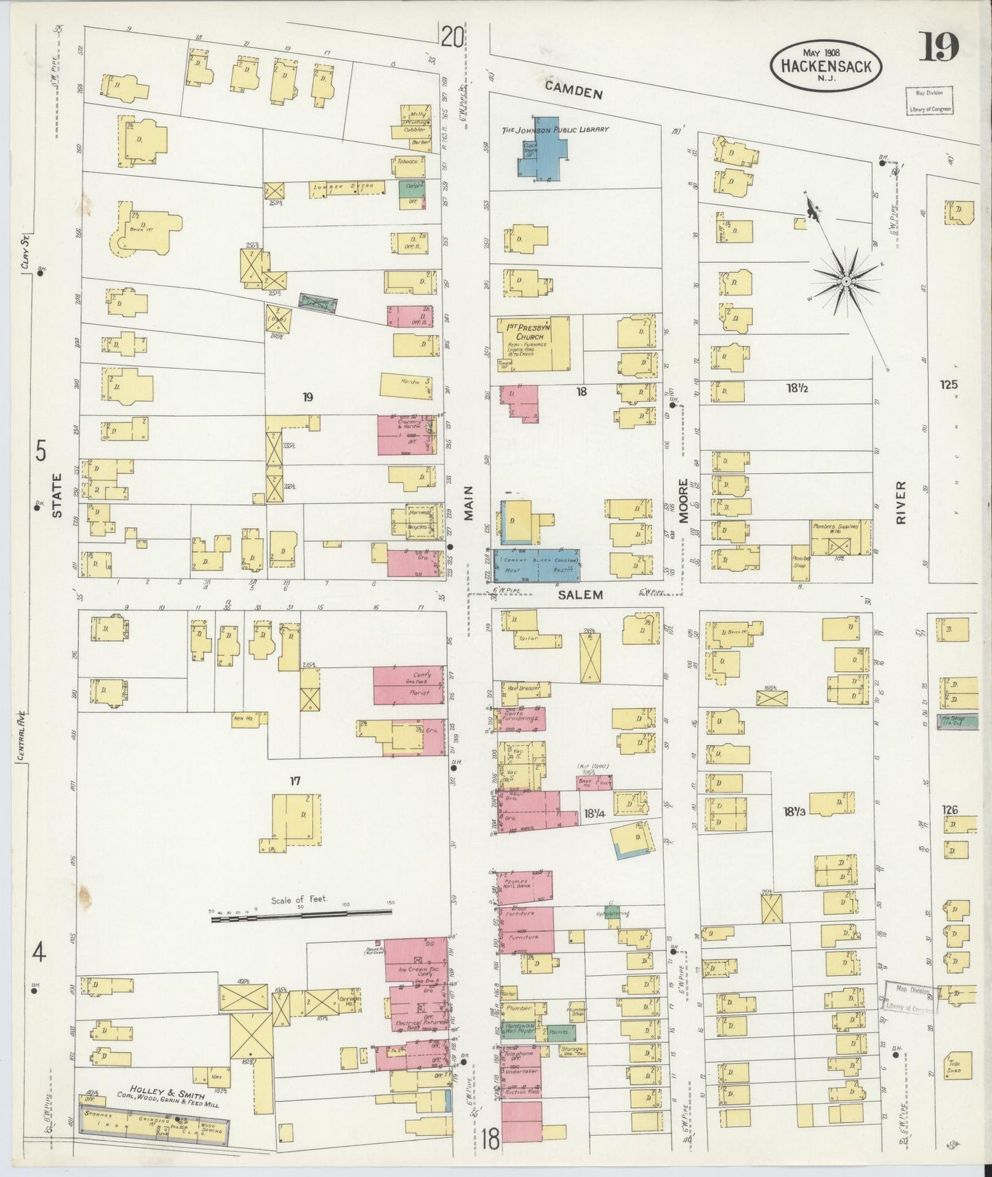 Sanborn Fire Insurance Map from Hackensack, Bergen County, New Jersey (1908), Sheet #0019 - Complete Map Set gallery image, historic Sanborn map, vintage wall art, New Jersey New Jersey