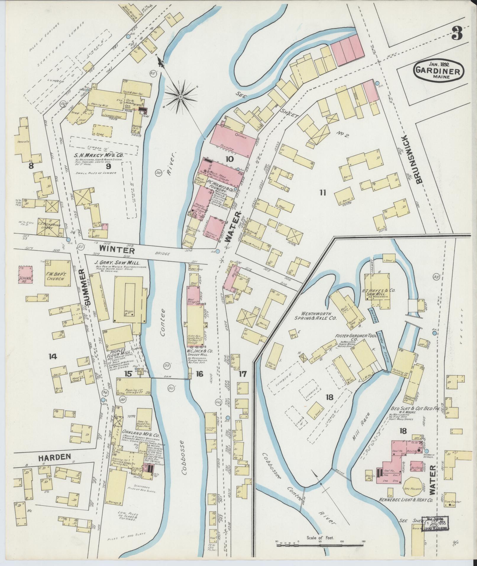Sanborn Fire Insurance Map from Gardiner, Kennebec County, Maine (1892), Sheet #0003 - Complete Map Set gallery image, historic Sanborn map, vintage wall art, Maine Maine