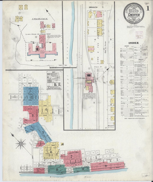 Sanborn Fire Insurance Map from Chester, Randolph County, Illinois (1906), Sheet #0001 - Complete Map Set gallery image, historic Sanborn map, vintage wall art, Illinois Illinois