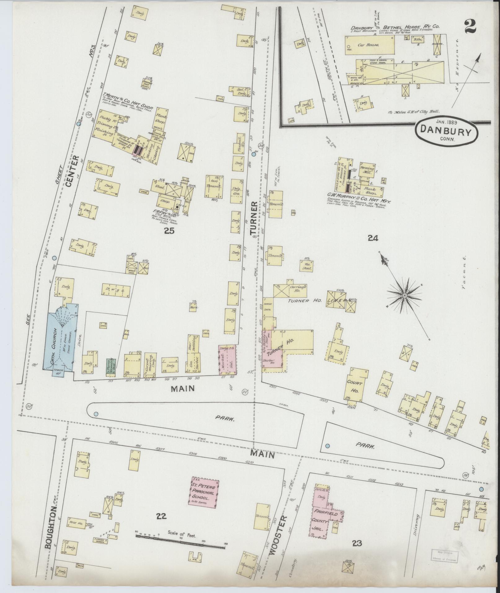 Sanborn Fire Insurance Map from Danbury, Fairfield County, Connecticut (1889), Sheet #0002 - Complete Map Set gallery image, historic Sanborn map, vintage wall art, Connecticut Connecticut