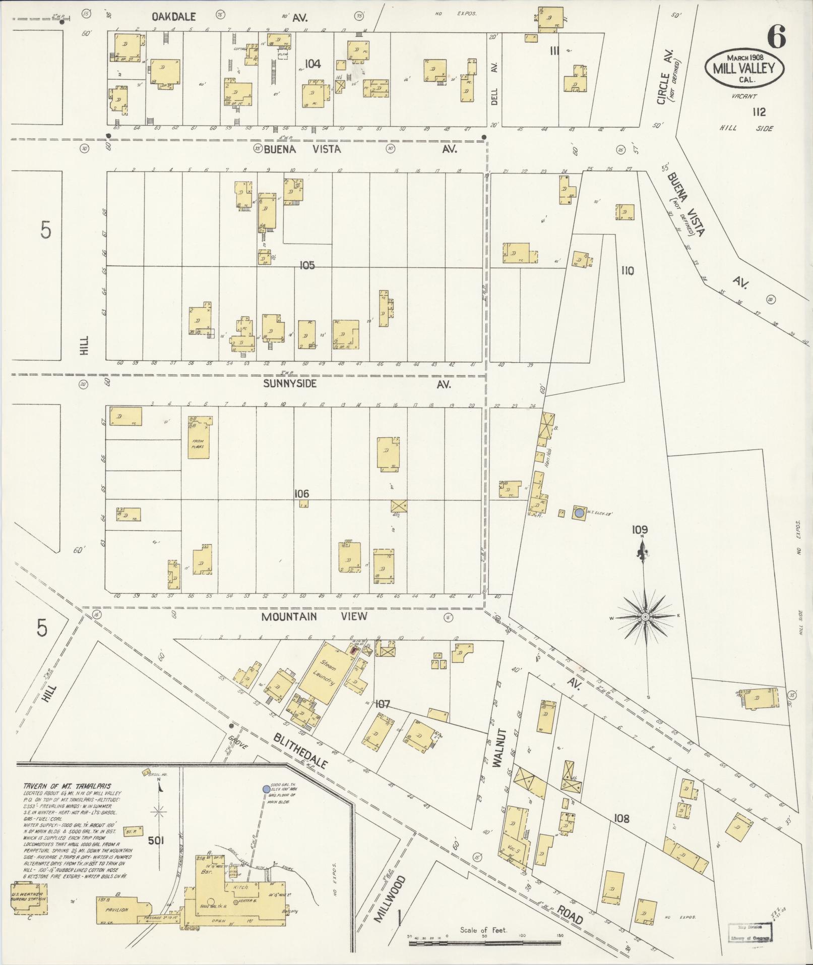 Sanborn Fire Insurance Map from Mill Valley, Marin County, California (1908), Sheet #0006 - Historic Sanborn Fire Insurance Map Print, vintage old map wall art, antique decor, genealogy gift, California California map