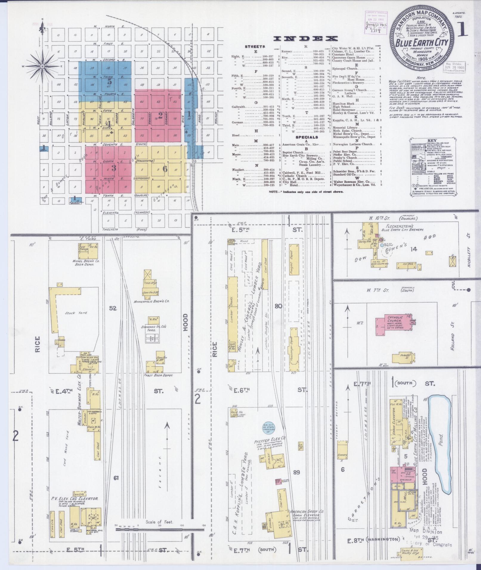 Sanborn Fire Insurance Map from Blue Earth, Faribault County, Minnesota (1905), Sheet #0001 - Historic Sanborn Fire Insurance Map Print, vintage old map wall art, antique decor, genealogy gift, Minnesota Minnesota map