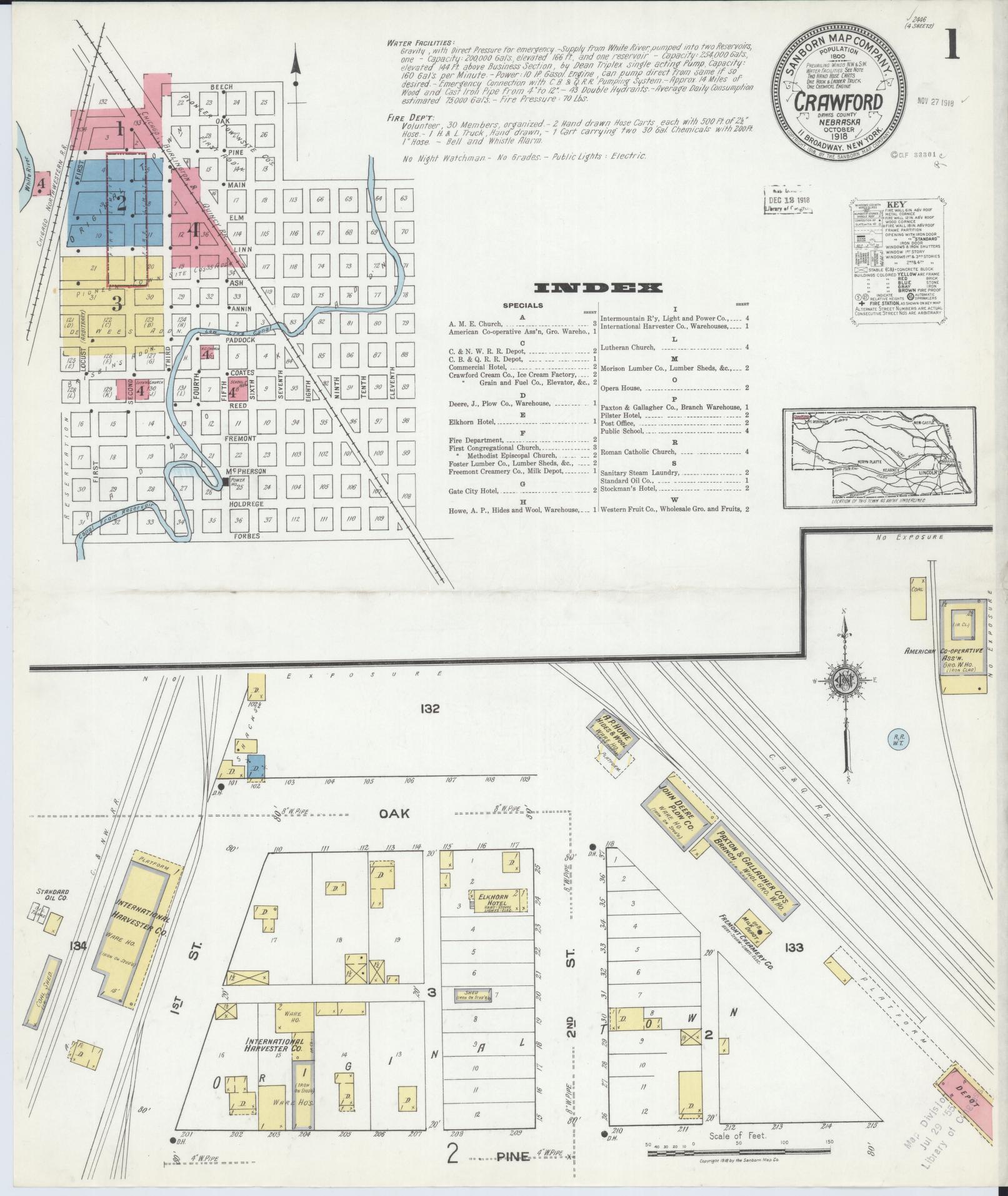 Sanborn Fire Insurance Map from Crawford, Dawes County, Nebraska (1918), Sheet #0001 - Historic Sanborn Fire Insurance Map Print, vintage old map wall art, antique decor, genealogy gift, Nebraska Nebraska map