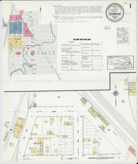 Sanborn Fire Insurance Map from Crawford, Dawes County, Nebraska (1918), Sheet #0001 - Historic Sanborn Fire Insurance Map Print, vintage old map wall art, antique decor, genealogy gift, Nebraska Nebraska map
