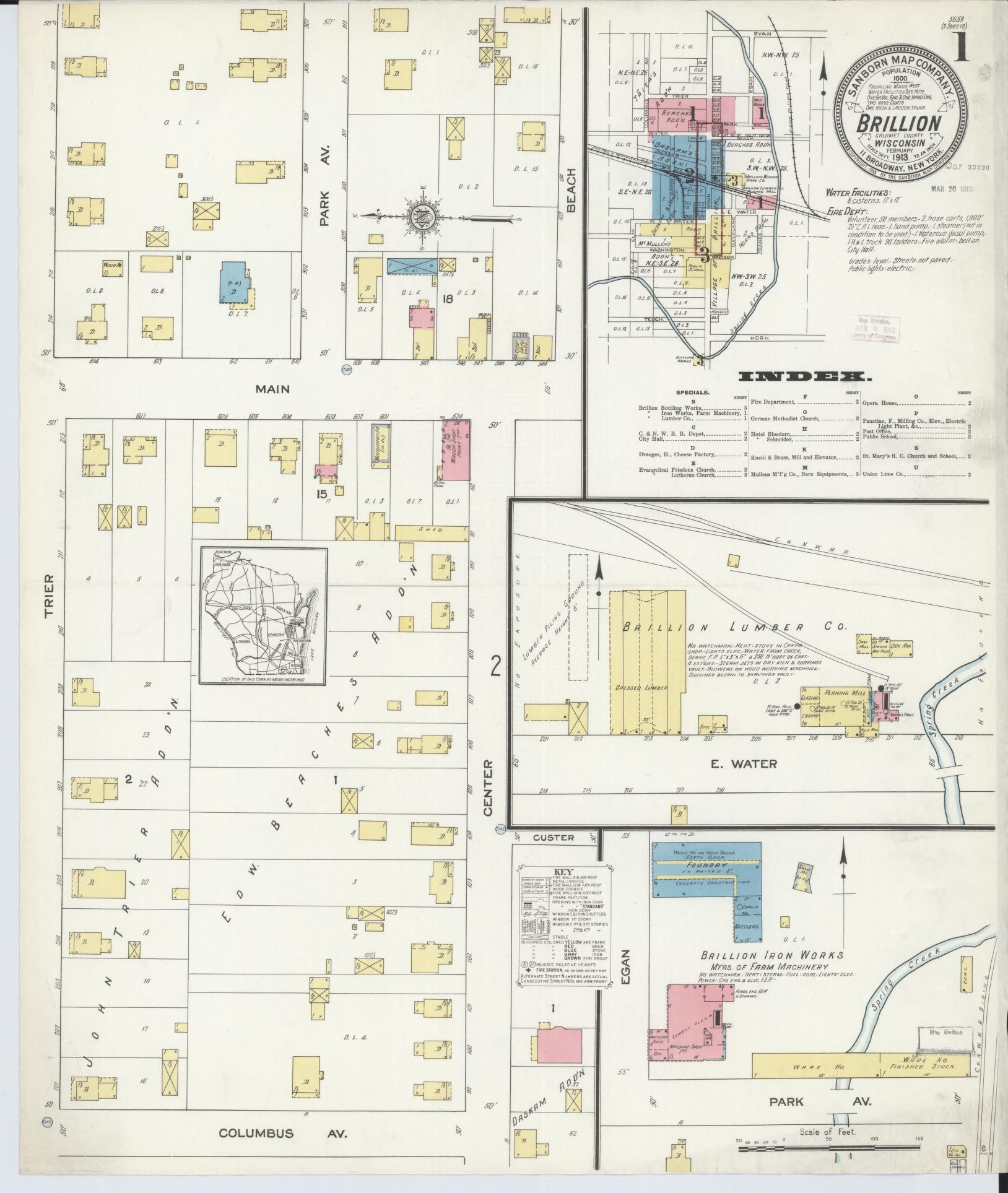 Sanborn Fire Insurance Map from Brillion, Calumet County, Wisconsin (1913), Sheet #0001 - Complete Map Set gallery image, historic Sanborn map, vintage wall art, Wisconsin Wisconsin